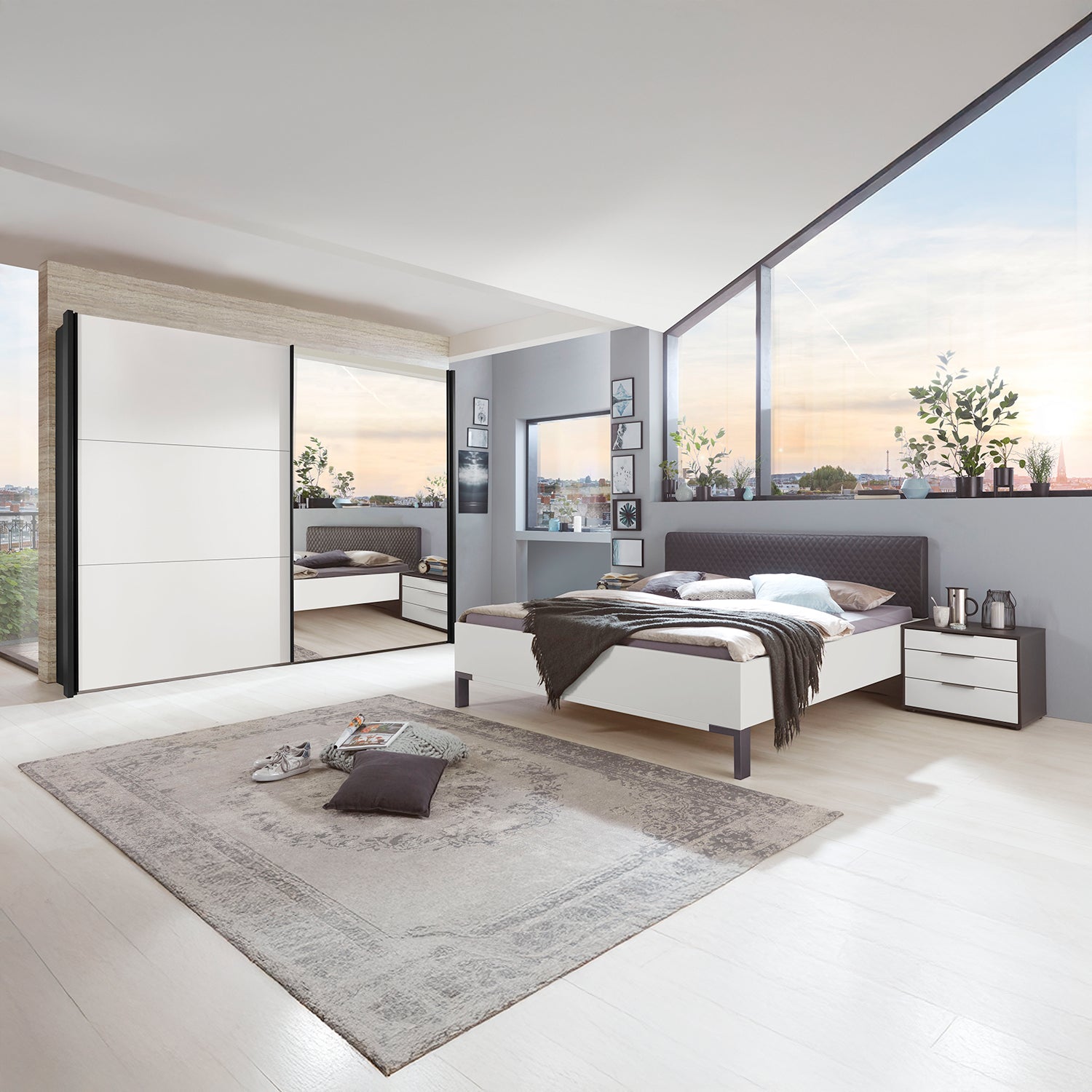 Modern bedroom with Glasgow bed Frame, Wardrobe and Bedside Cabinet
