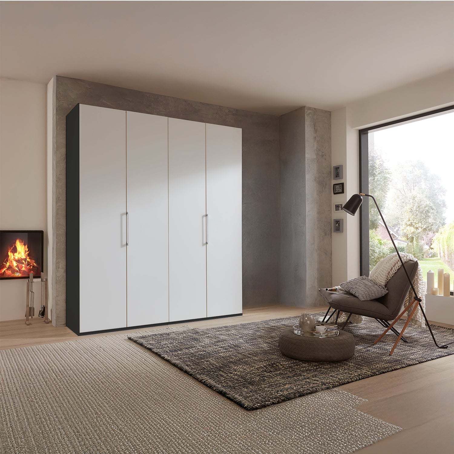 Modern room with a 4 Door Halver wardrobe With Matt White Glass Doors