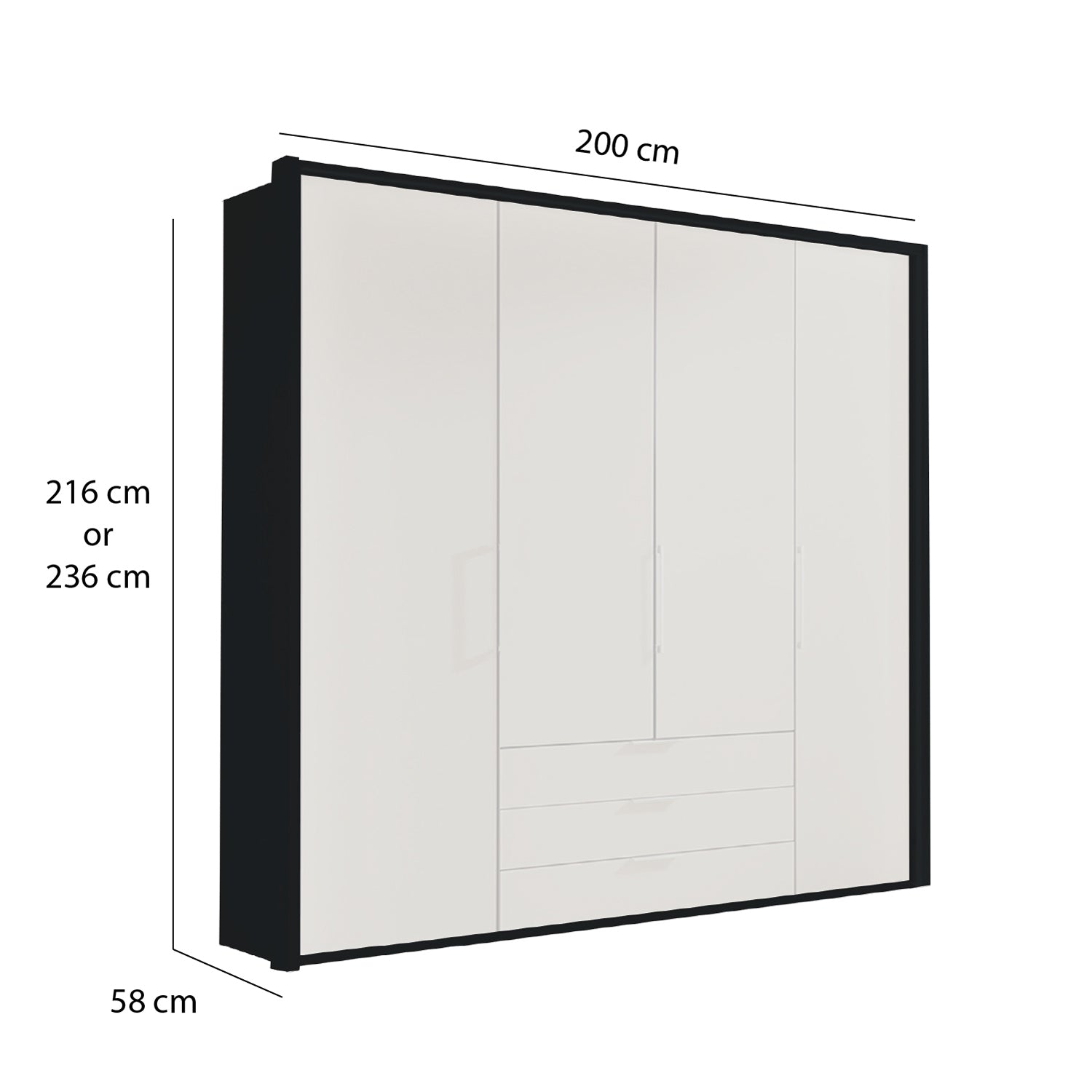 Glasgow Graphite & White 4 Door Wardrobe with Drawers (W200cm) - Dimensions