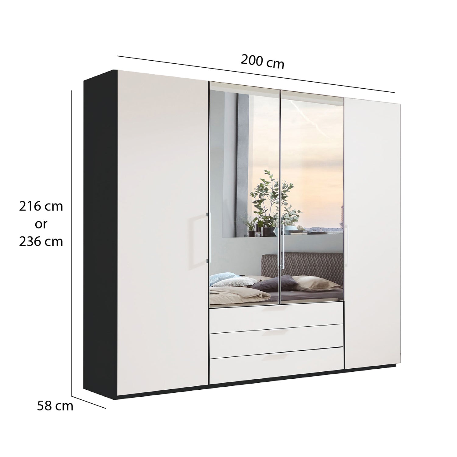 Glasgow Graphite & White 4 Door Wardrobe with Drawers (W200cm) With Mirror - Dimensions