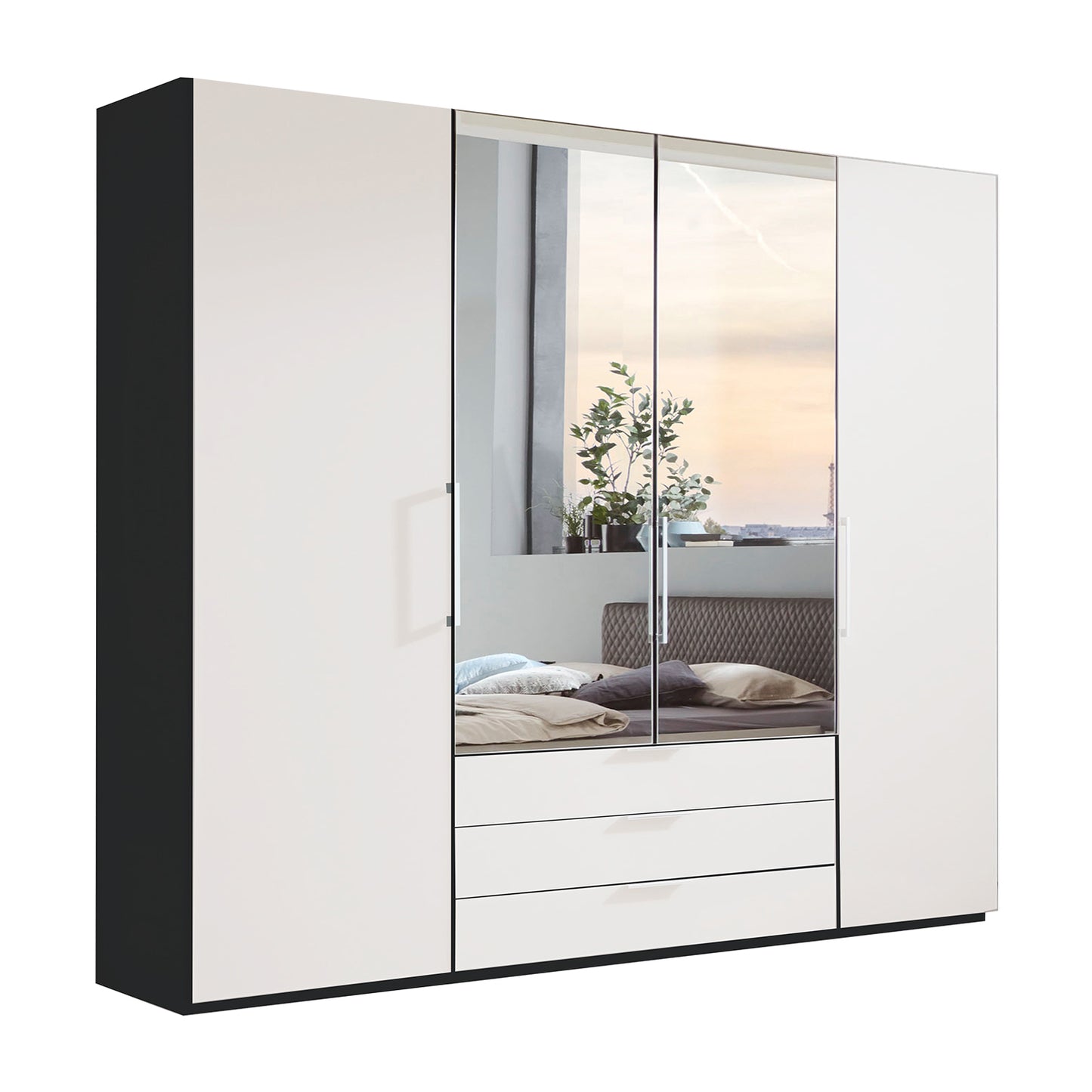 Glasgow Graphite & White 4 Door Wardrobe with Drawers (W200cm) With Mirror