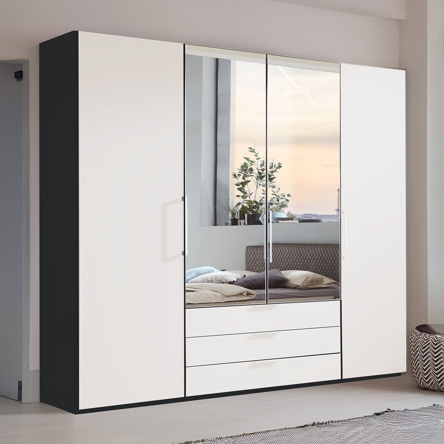 Glasgow Graphite & White 4 Door Wardrobe with Drawers (W200cm) With Mirror - Styled In Bedroom
