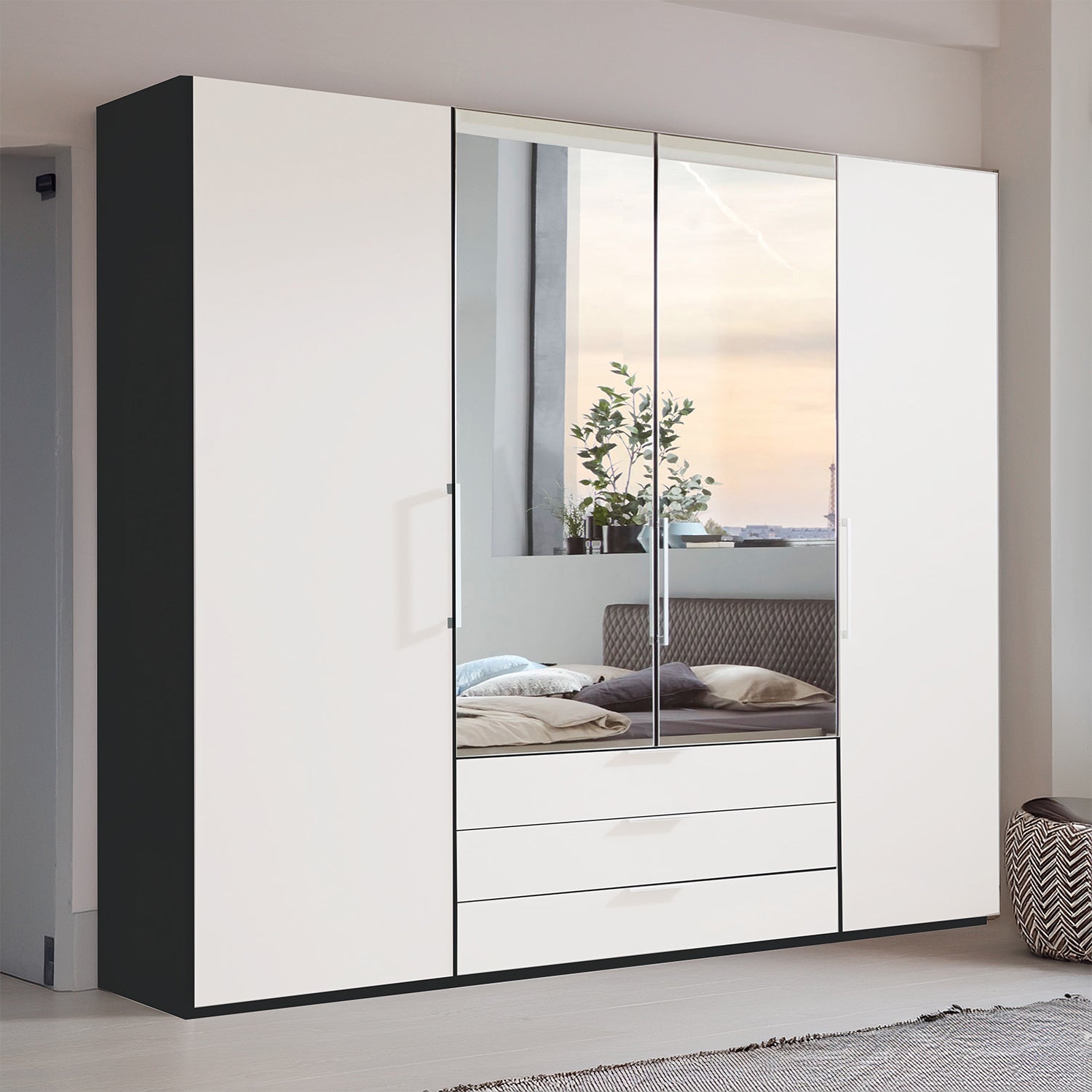 Glasgow Graphite & White 4 Door Wardrobe with Drawers (W200cm) With Mirror - Styled In Bedroom