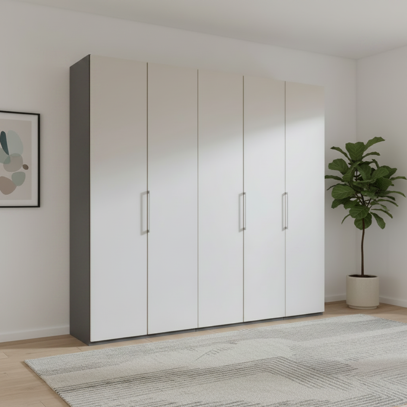 Wiemann Halver Hinged 5 Door White wardrobe with graphite carcase in a room with a plant and rug.