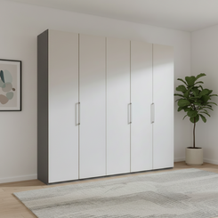 Wiemann Halver Hinged 5 Door White wardrobe with graphite carcase in a room with a plant and rug.