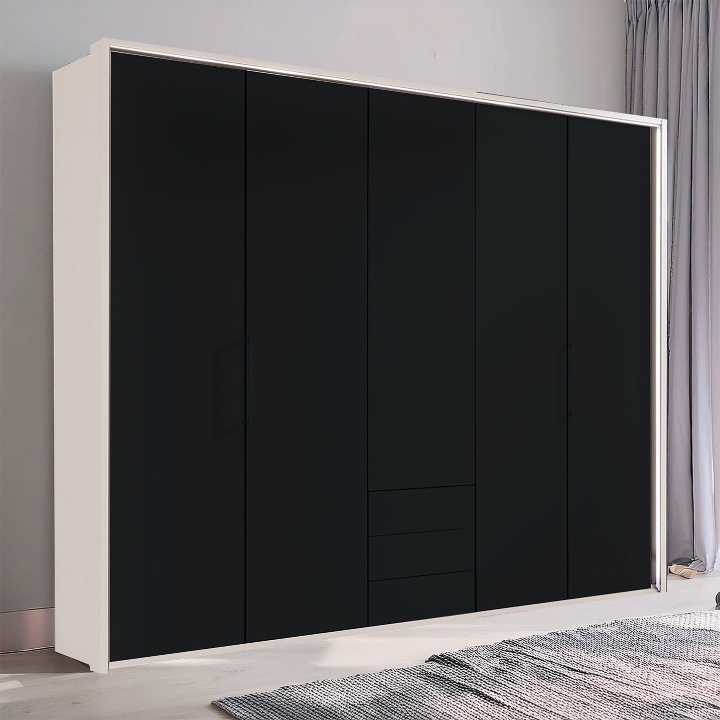 Glasgow Graphite & White 5 Door Wardrobe with Drawers (W250cm) - Styled in Bedroom
