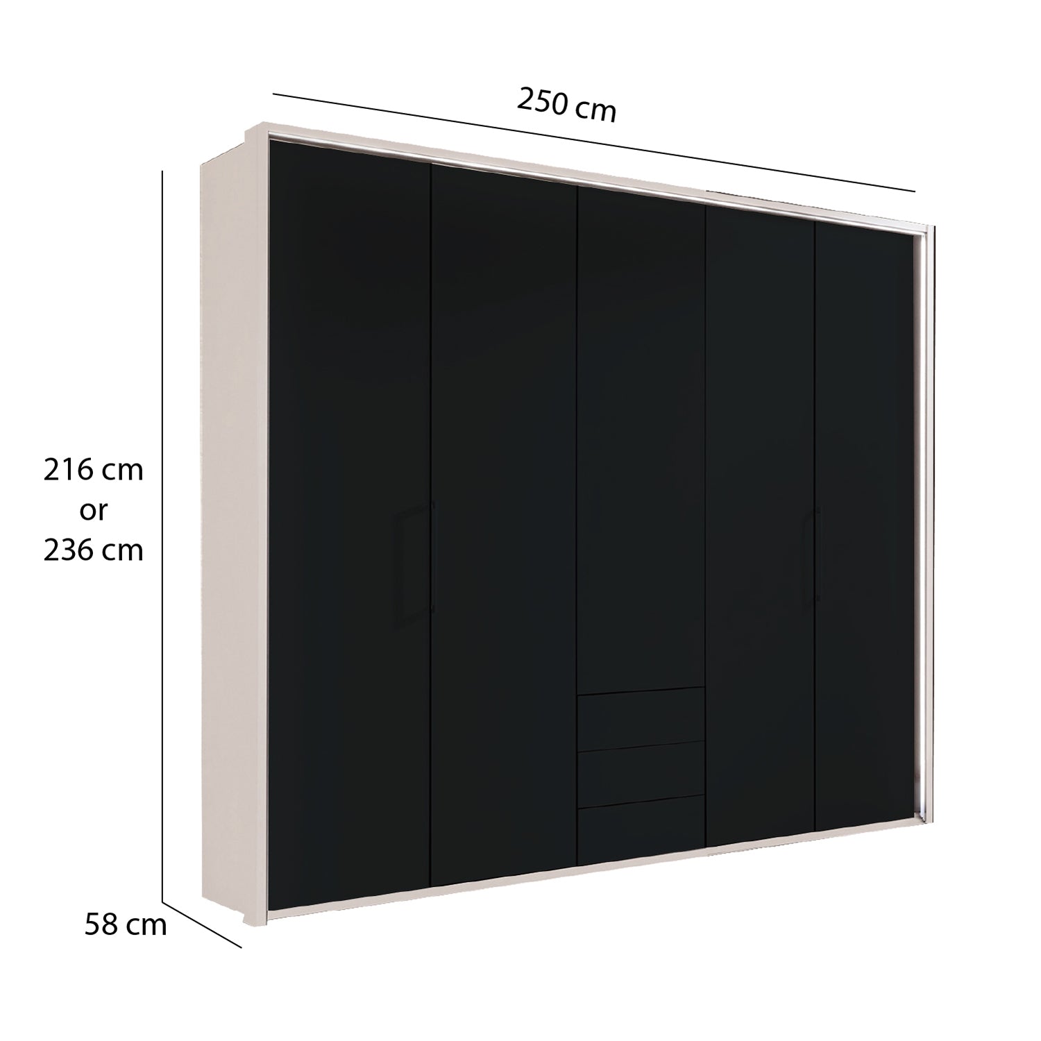 Glasgow Graphite & White 5 Door Wardrobe with Drawers (W250cm) - Dimensions