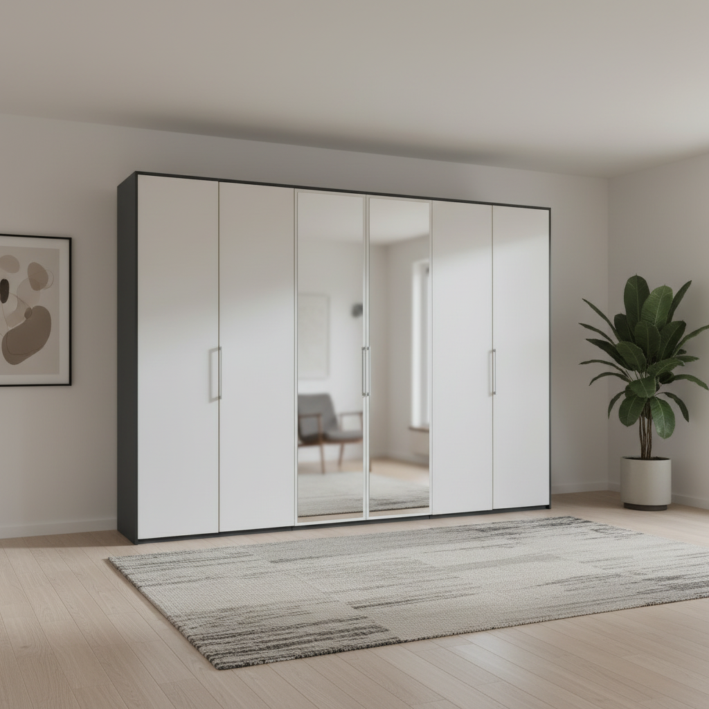 Wiemann 6 Door White wardrobe with Mirror and Graphite Carcase 