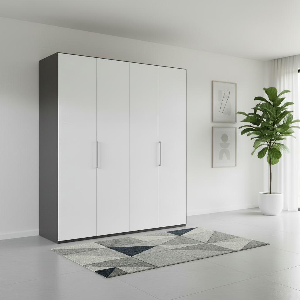 Modern wardrobe in a minimalistic room with a plant and abstract art on the wall.