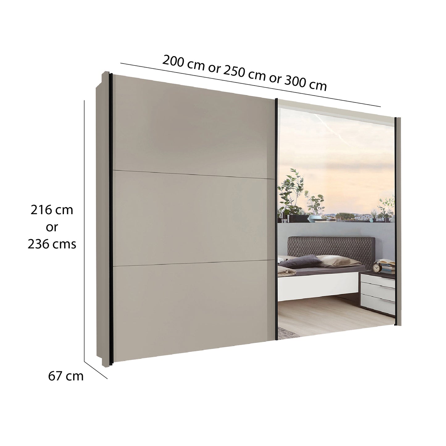 Glasgow Pebble Grey 2 Door Sliding Wardrobe with Mirror - Dimensions