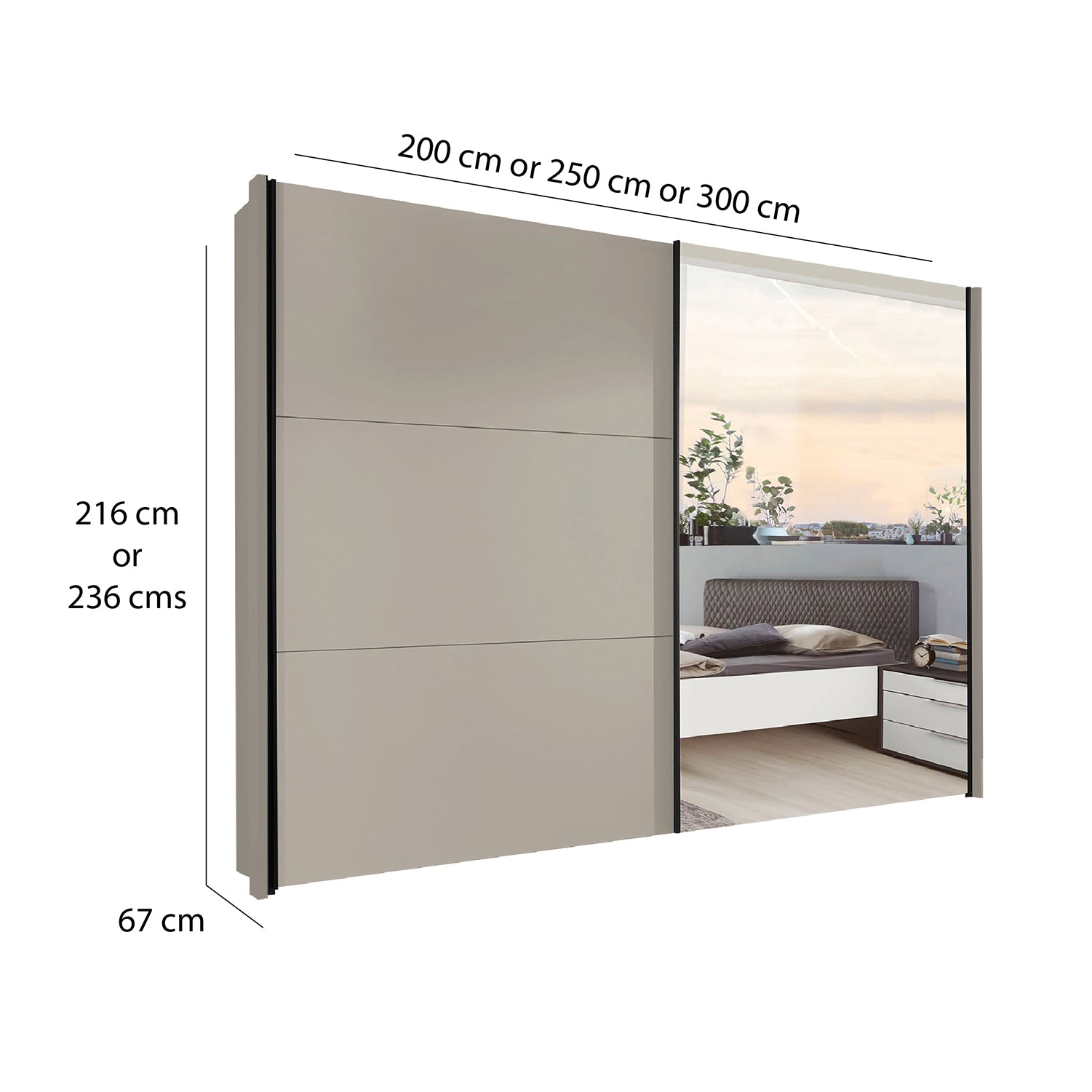 Glasgow Pebble Grey 2 Door Sliding Wardrobe with Mirror - Dimensions