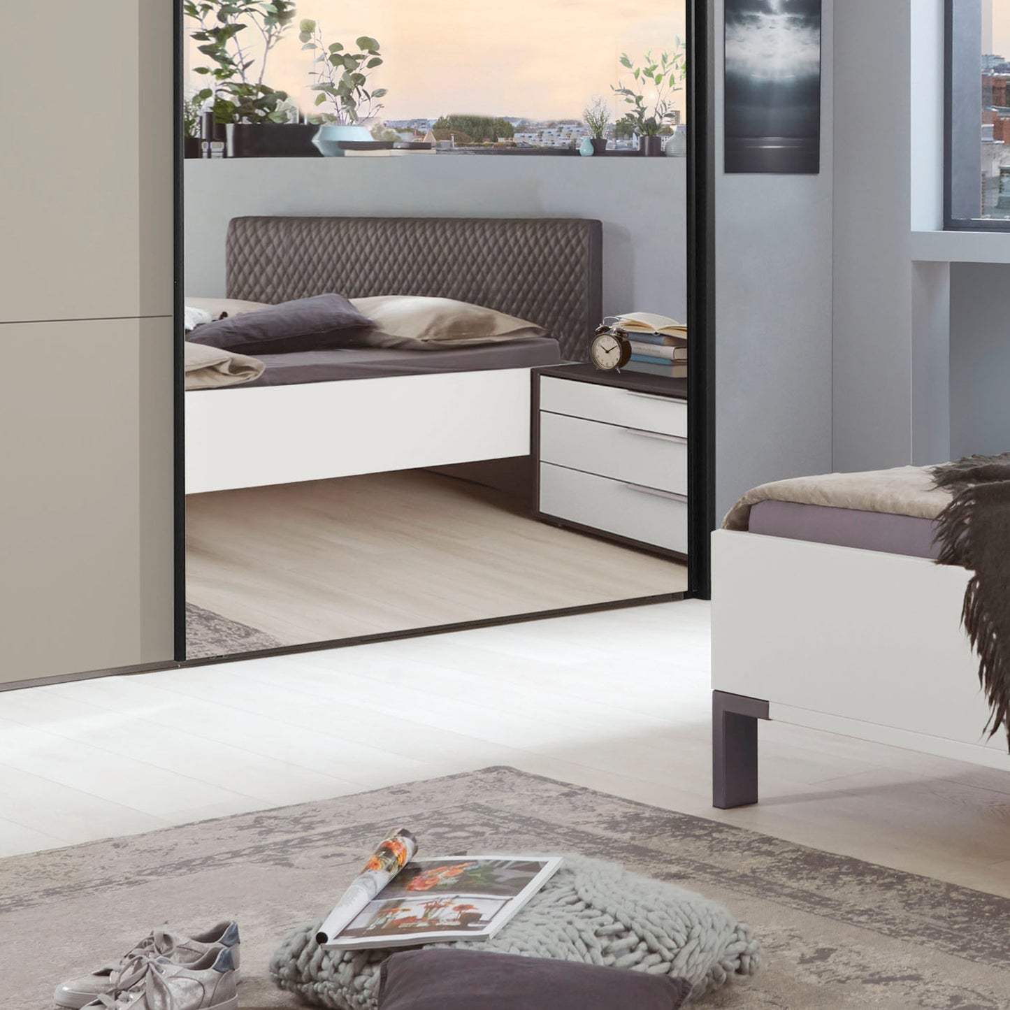 Glasgow Pebble Grey 2 Door Sliding Wardrobe with Mirror - Styled Bedroom Mirror View