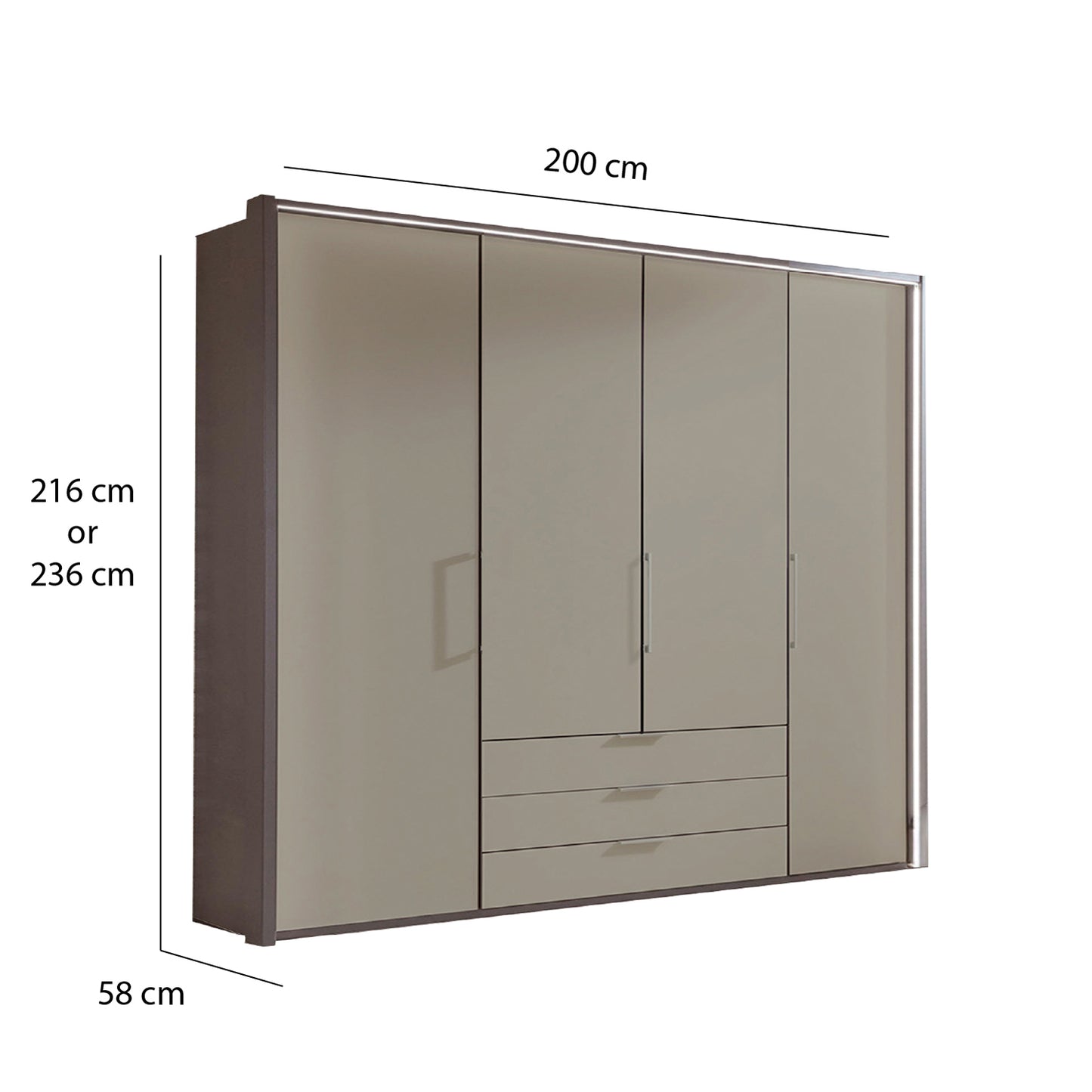 Glasgow Pebble Grey 4 Door Wardrobe with Drawers (W200cm) - Dimensions