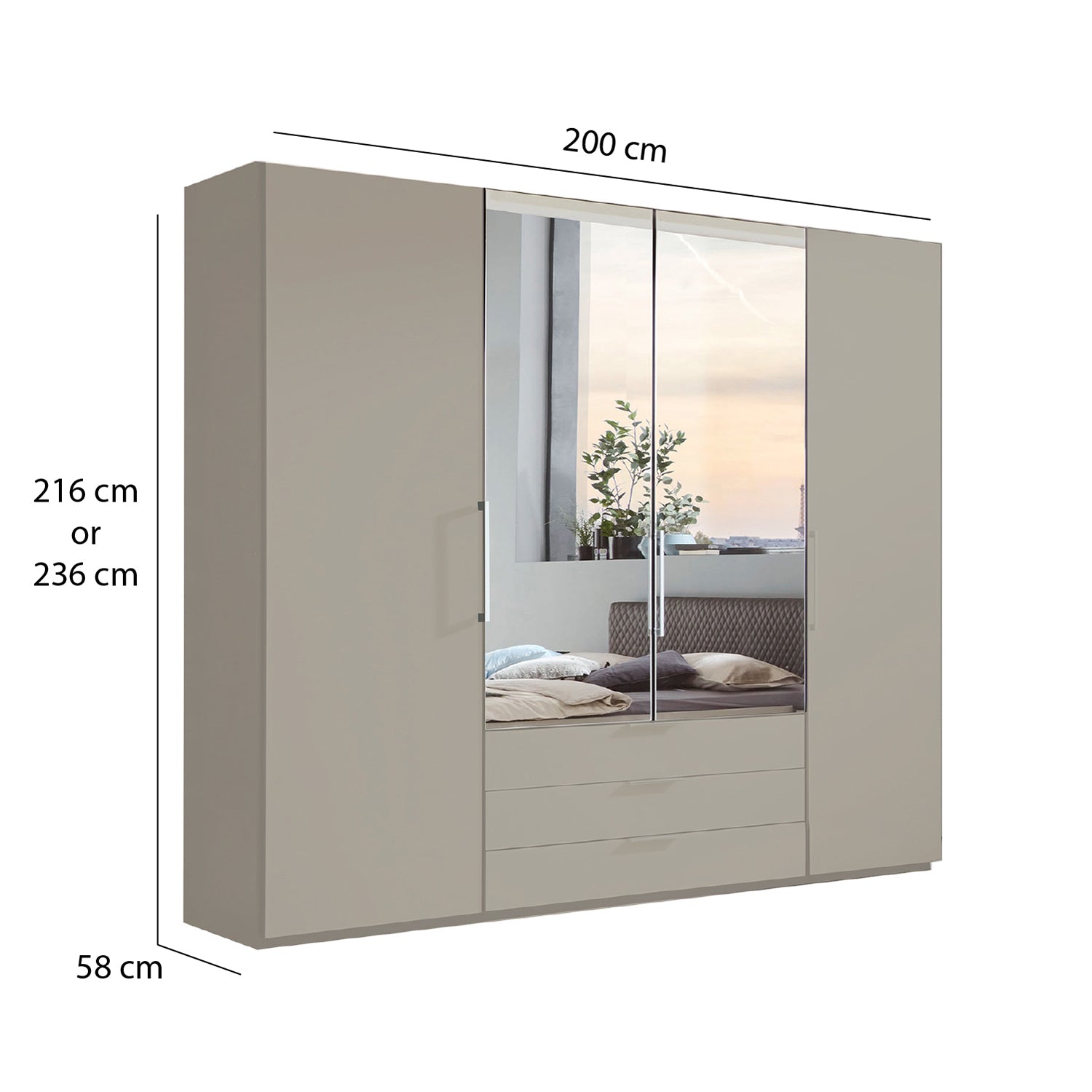 Glasgow Pebble Grey 4 Door Wardrobe with Drawers (W200cm) With Mirror - Dimensions 