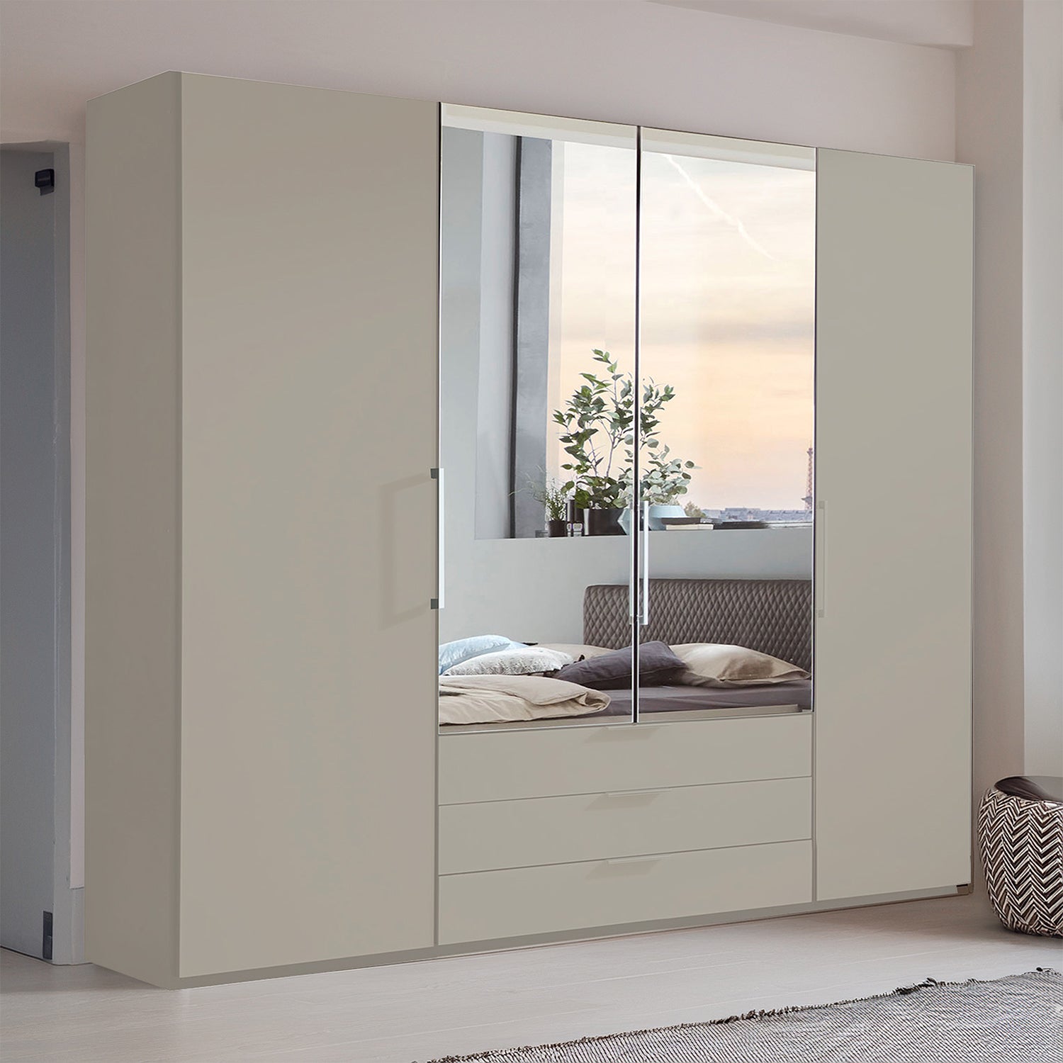 Glasgow Pebble Grey 4 Door Wardrobe with Drawers (W200cm) With Mirror Styled in Bedroom