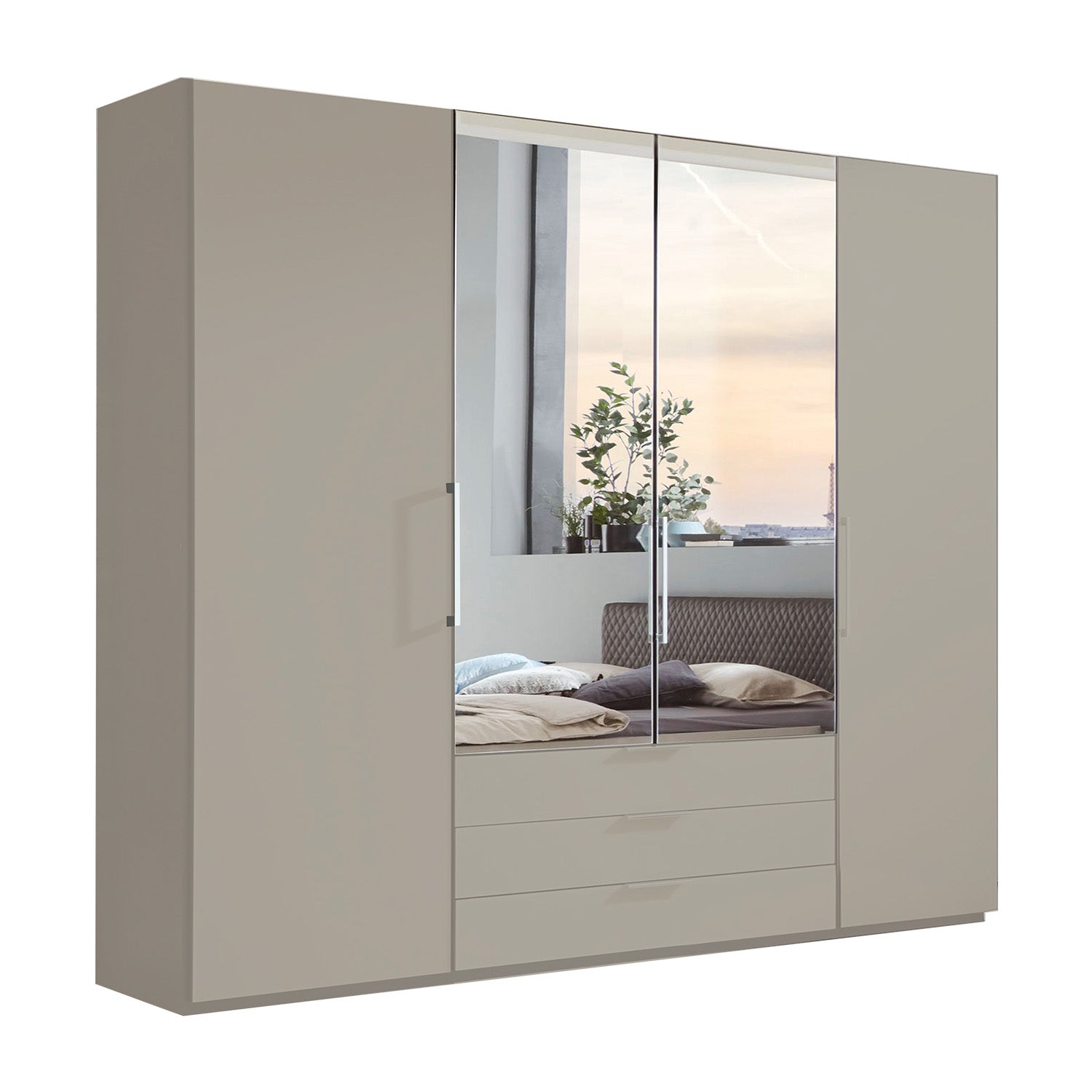 Halver Pebble Grey 4 Door Wardrobe with Drawers (W200cm) With Mirror
