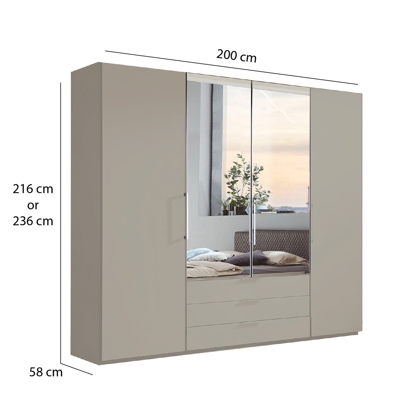Halver Pebble Grey 4 Door Wardrobe with Drawers (W200cm) With Mirror - Dimensions 