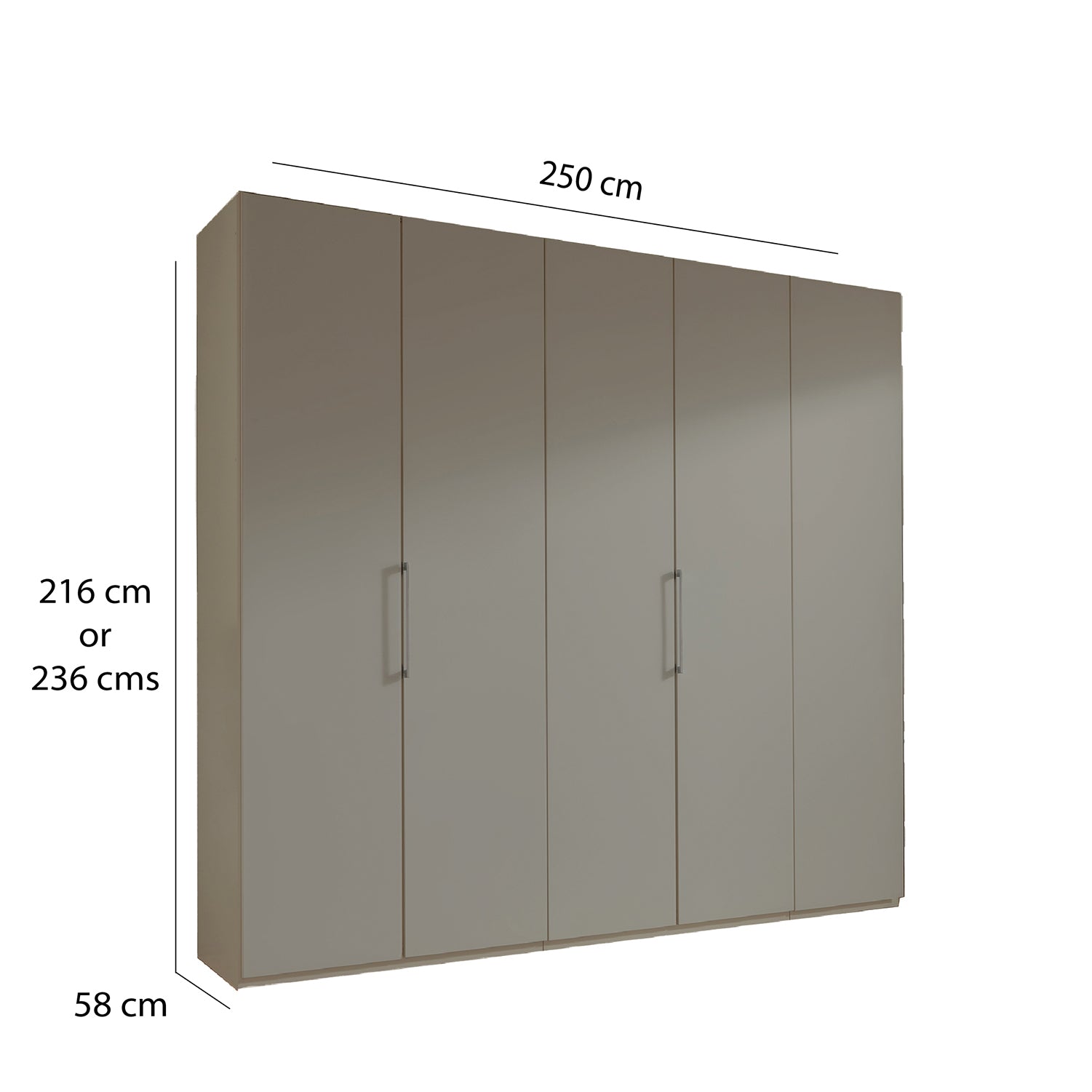 Glasgow Pebble Grey 5 Door Hinged Wardrobe (W250cm) - Dimensions