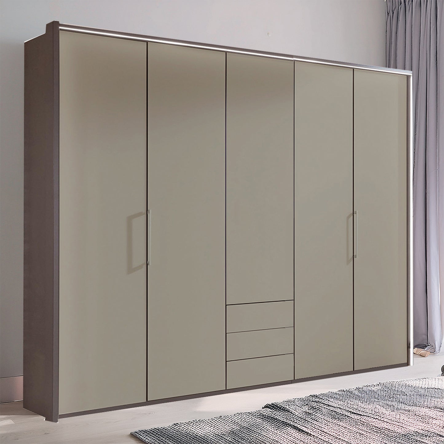 Glasgow Pebble Grey 5 Door Wardrobe with Drawers (W250cm) - Styled in Bedroom