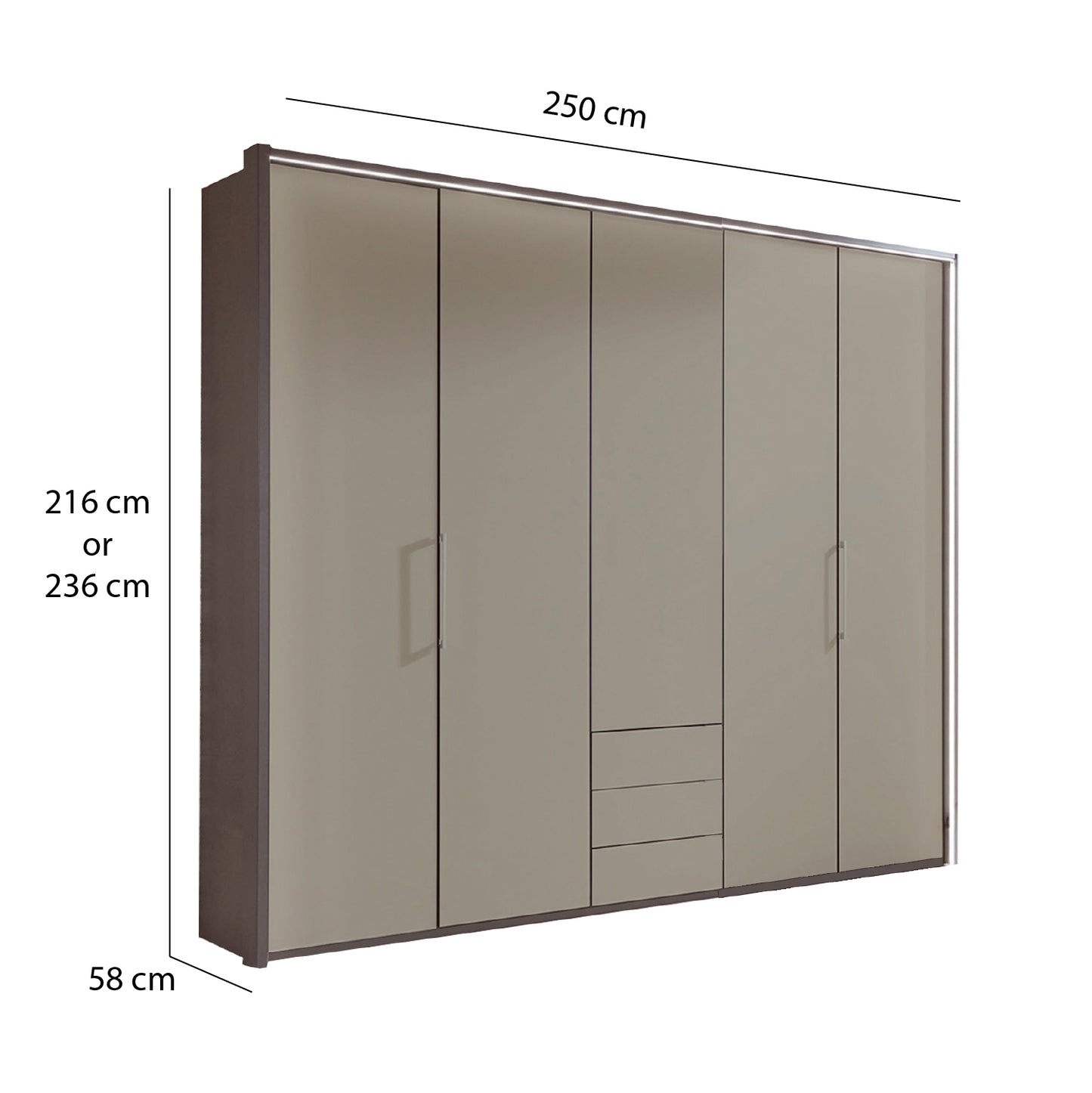 Glasgow Pebble Grey 5 Door Wardrobe with Drawers (W250cm) - Dimensions