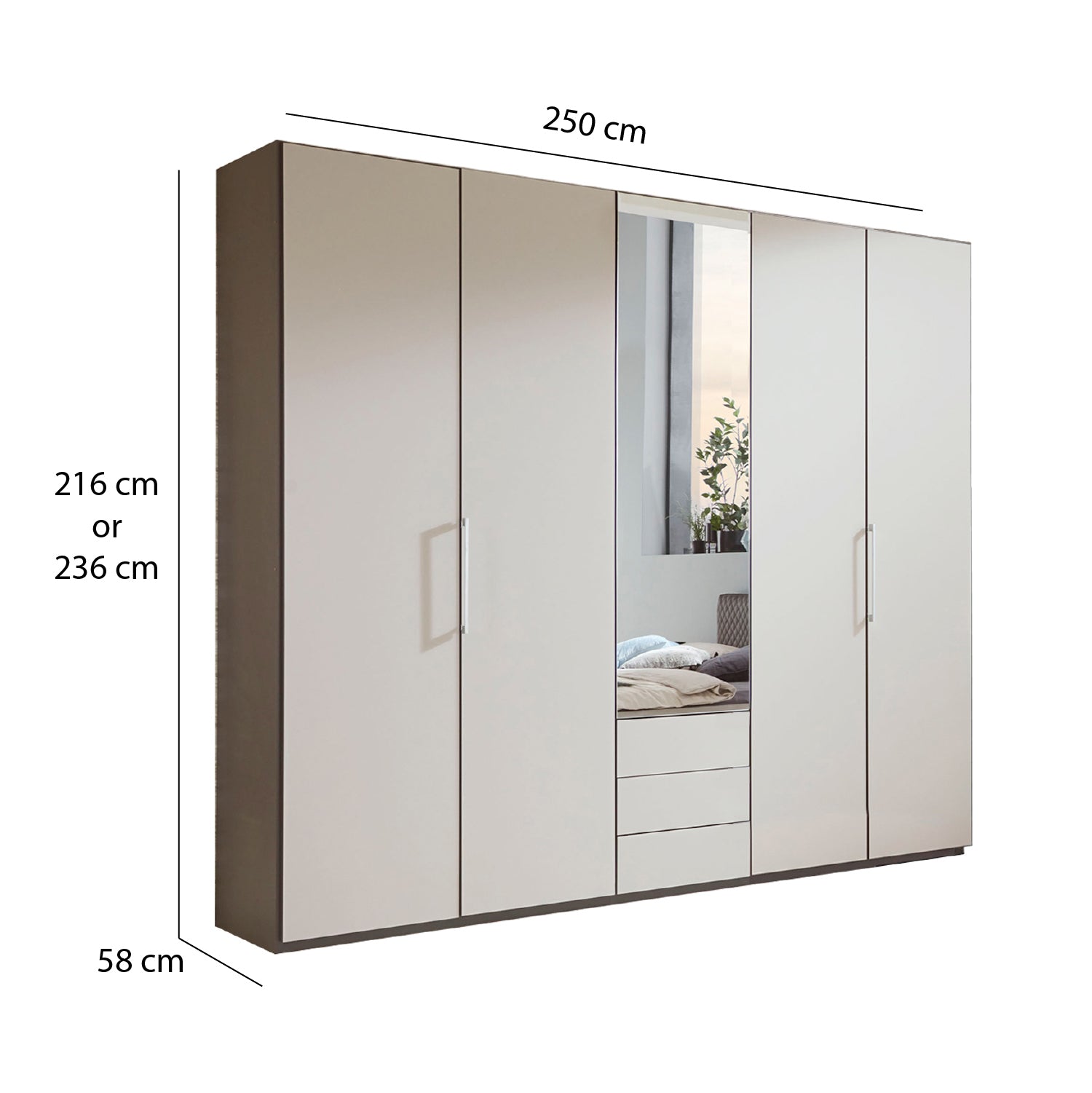 Glasgow Pebble Grey 5 Door Wardrobe with Drawers (W250cm) With Mirror - Dimensions