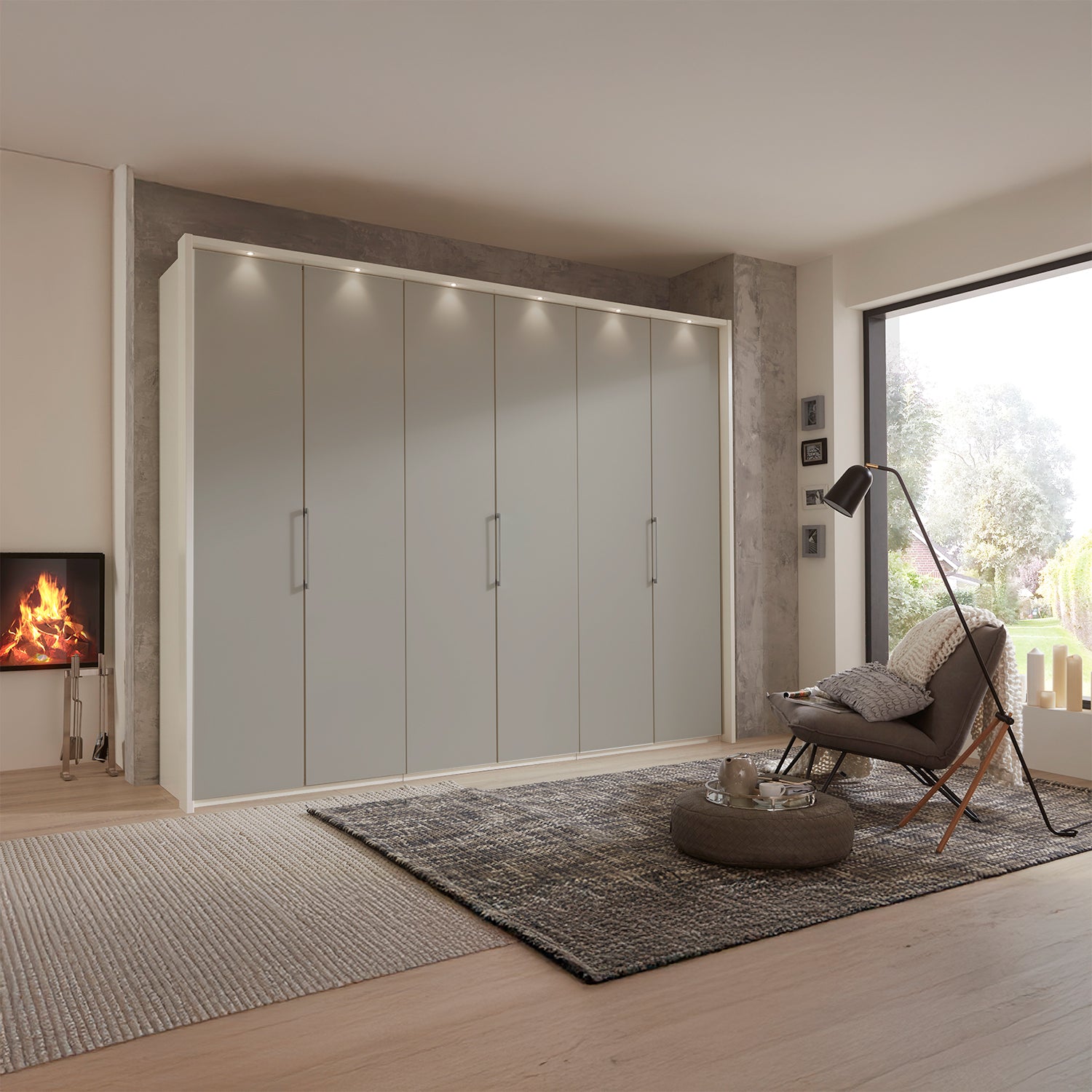 Glasgow Pebble Grey 6 Door Hinged Wardrobe (W300cm) with Lights