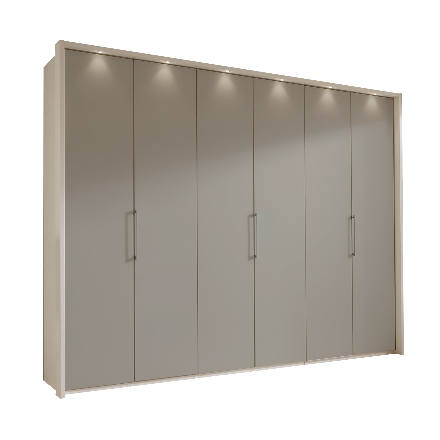 Glasgow Pebble Grey 6 Door Hinged Wardrobe (W300cm)- White Carcase with Front in Pebble Grey