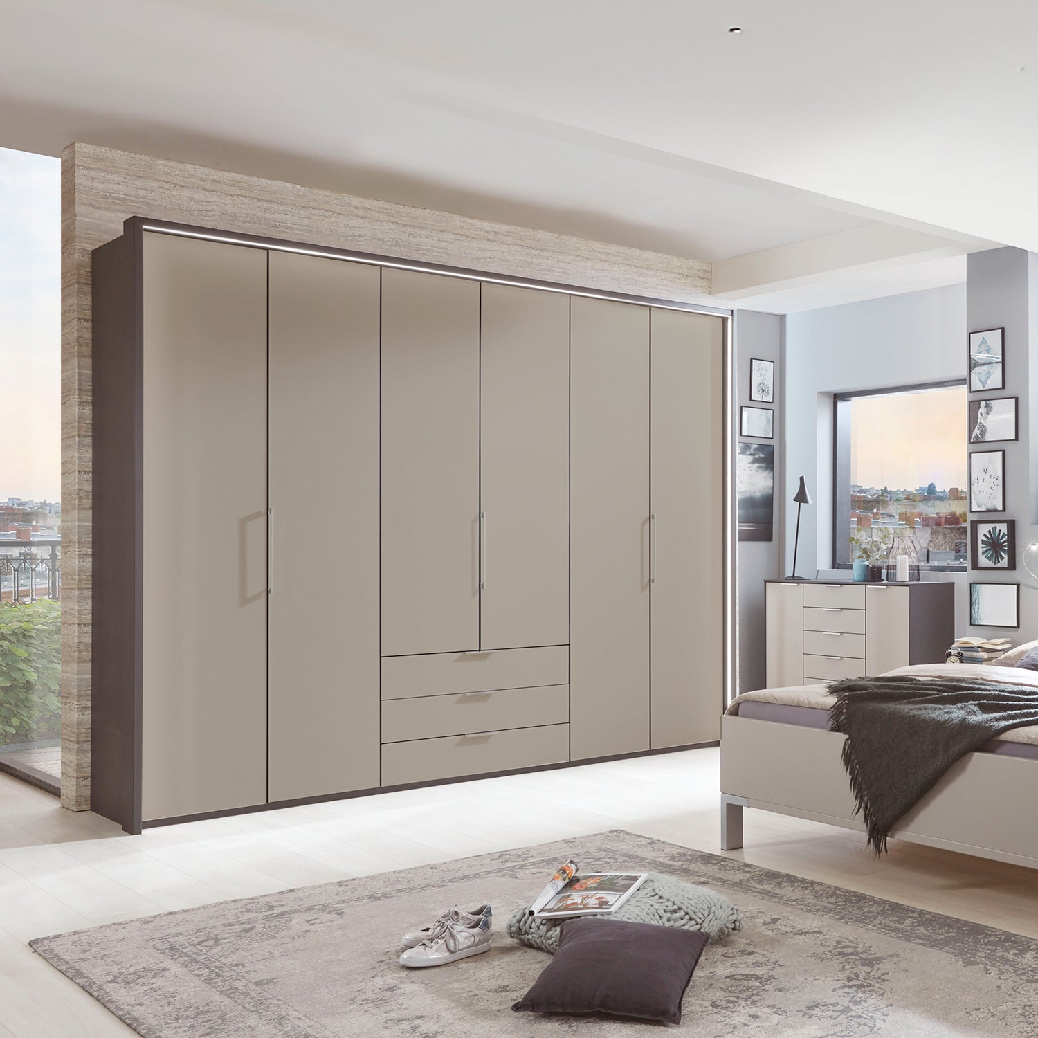 Glasgow Pebble Grey 6 Door Wardrobe with Drawers (W300cm) - Styled in Bedroom