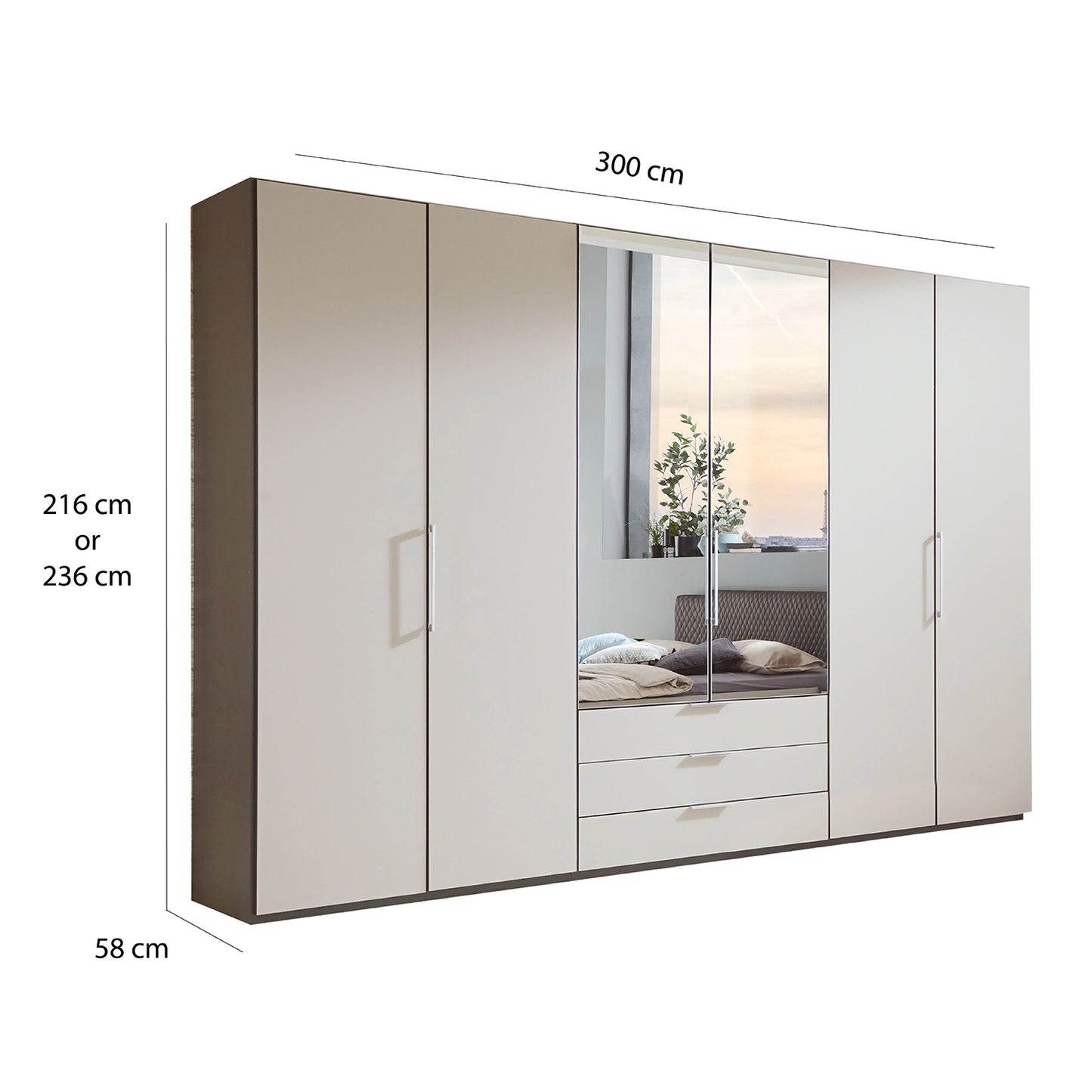 Glasgow Pebble Grey 6 Door Wardrobe with Drawers (W300cm) With 
Mirror - Dimensions 