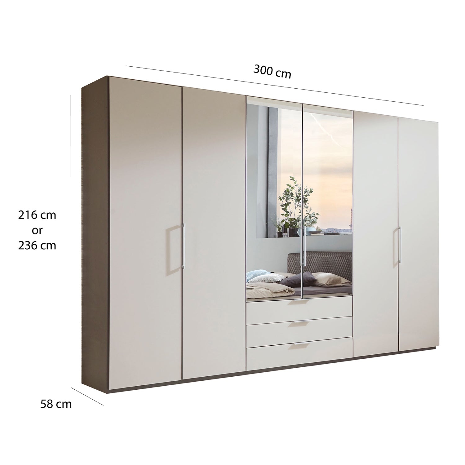 Glasgow Pebble Grey 6 Door Wardrobe with Drawers (W300cm) With 
Mirror - Dimensions 