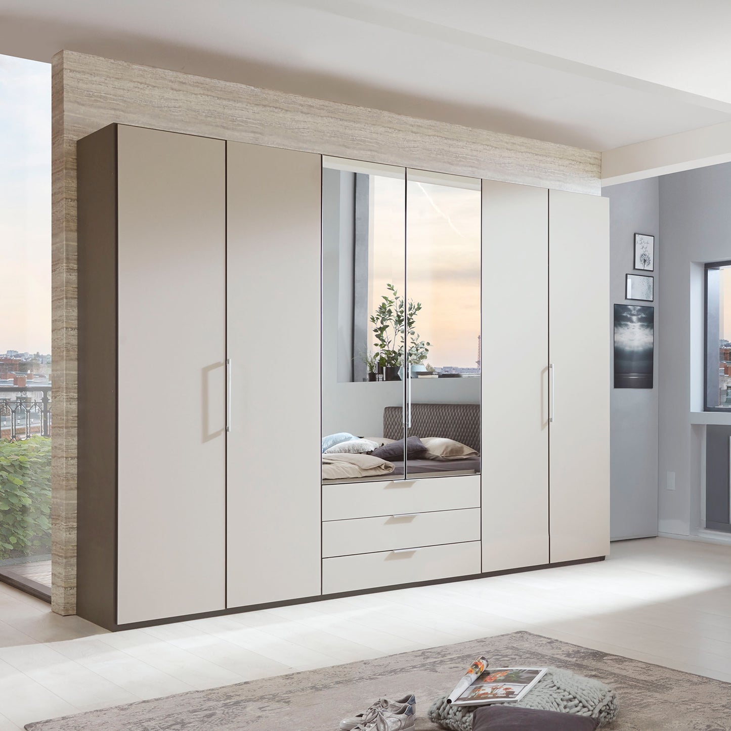 Halver Pebble Grey 6 Door Wardrobe with Drawers (W300cm) With 
Mirror - Styled in Bedroom