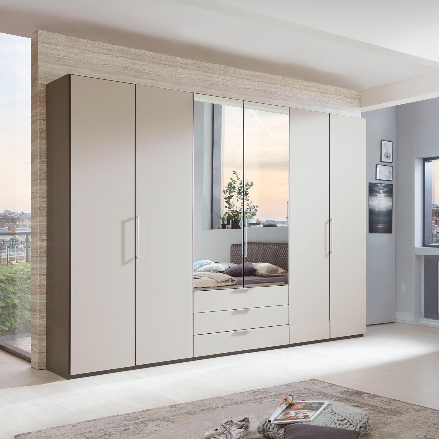 Halver Pebble Grey 6 Door Wardrobe with Drawers (W300cm) With 
Mirror - Styled in Bedroom