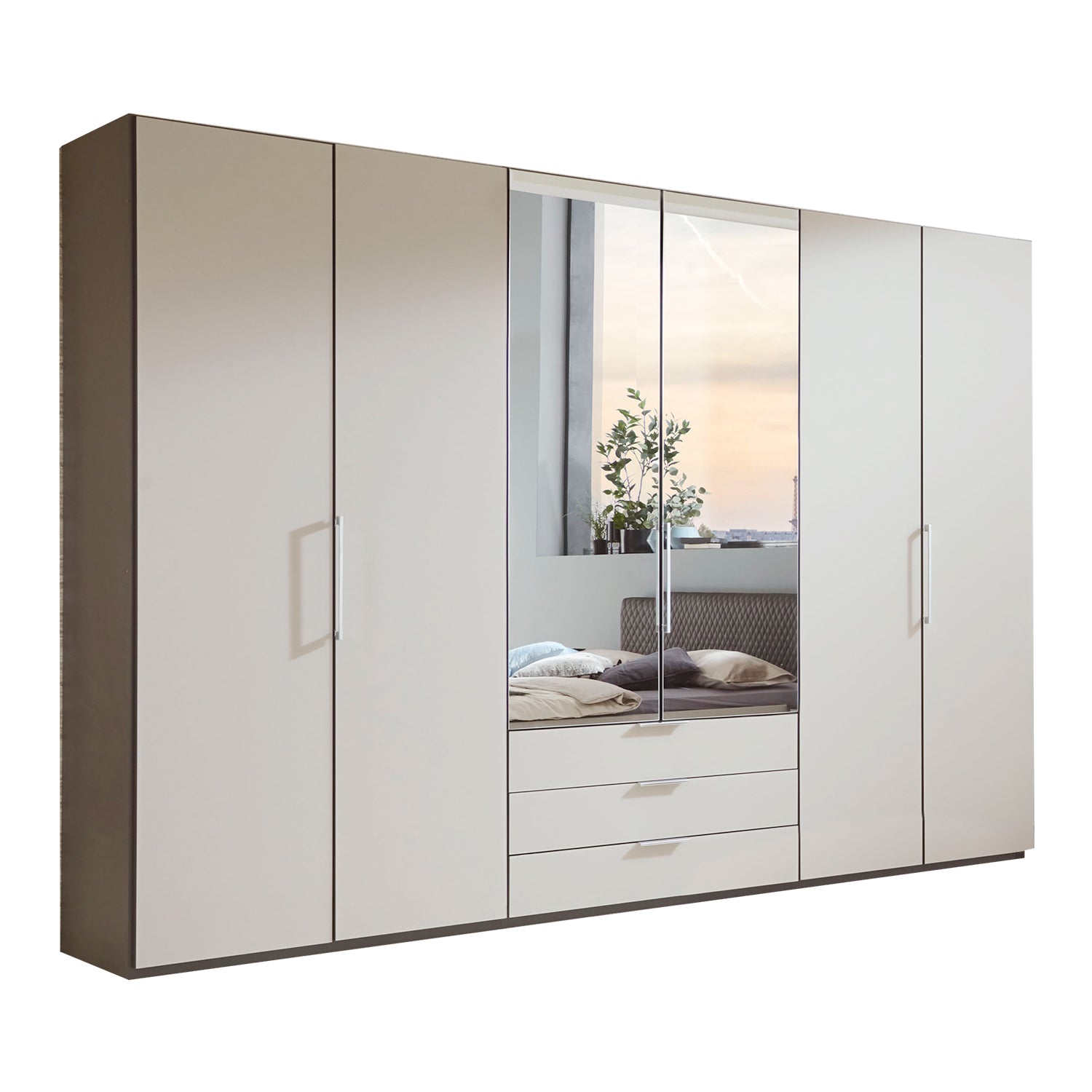 Halver Pebble Grey 6 Door Wardrobe with Drawers (W300cm) With Mirror