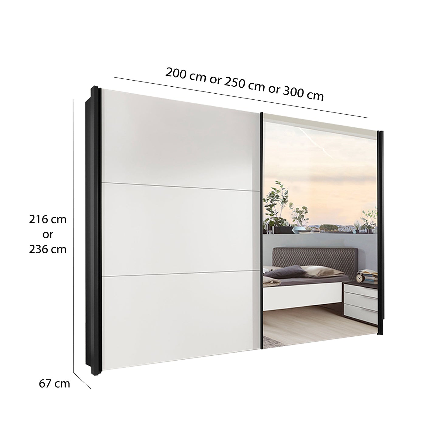 Glasgow White 2 Door Sliding Wardrobe  with Mirror - Dimensions