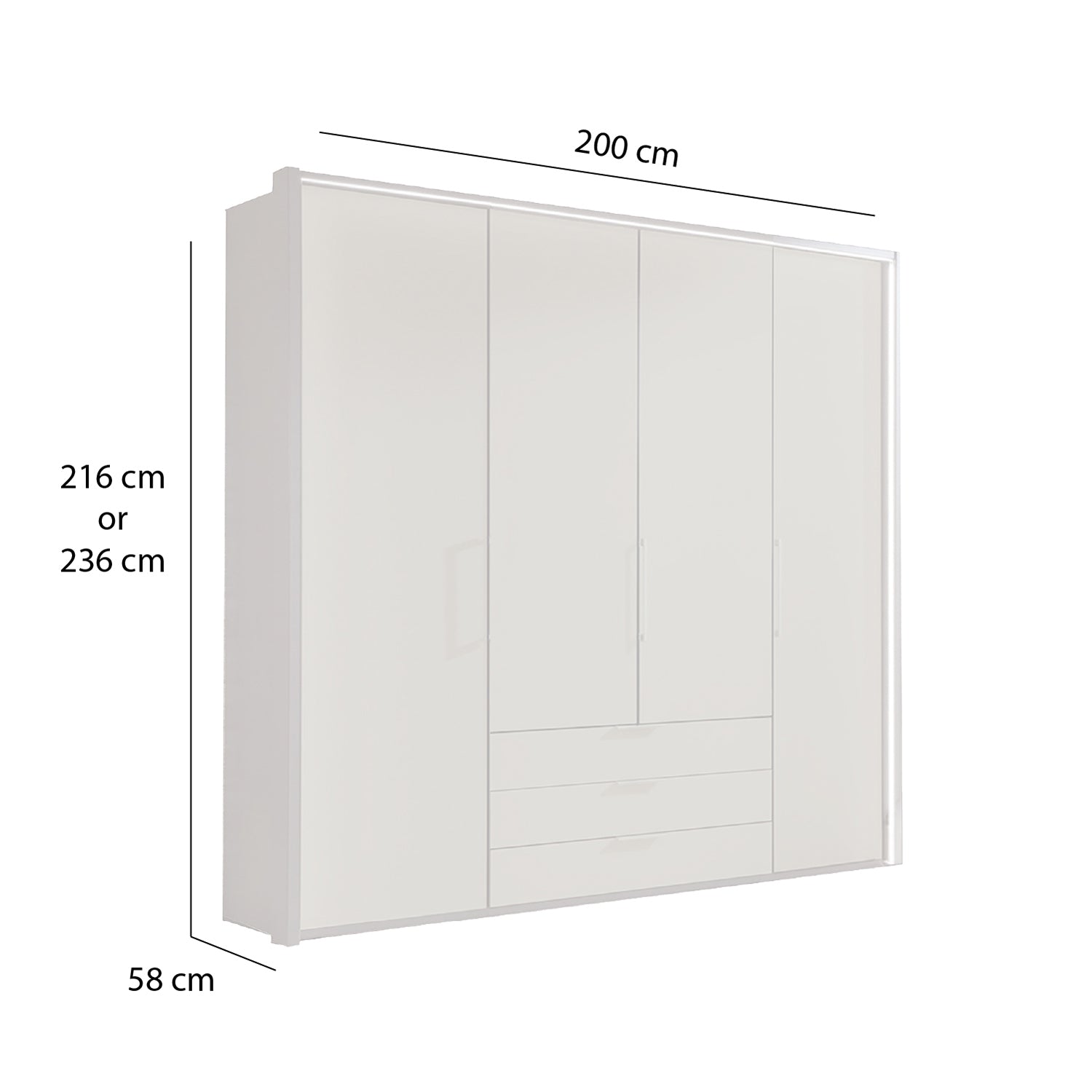 Glasgow White 4 Door Wardrobe with Drawers (W200cm) - Dimensions