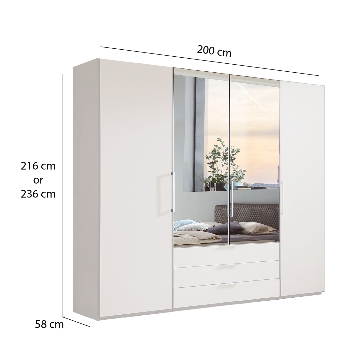 Glasgow White 4 Door Wardrobe with Drawers (W200cm) With Mirror - Dimensions