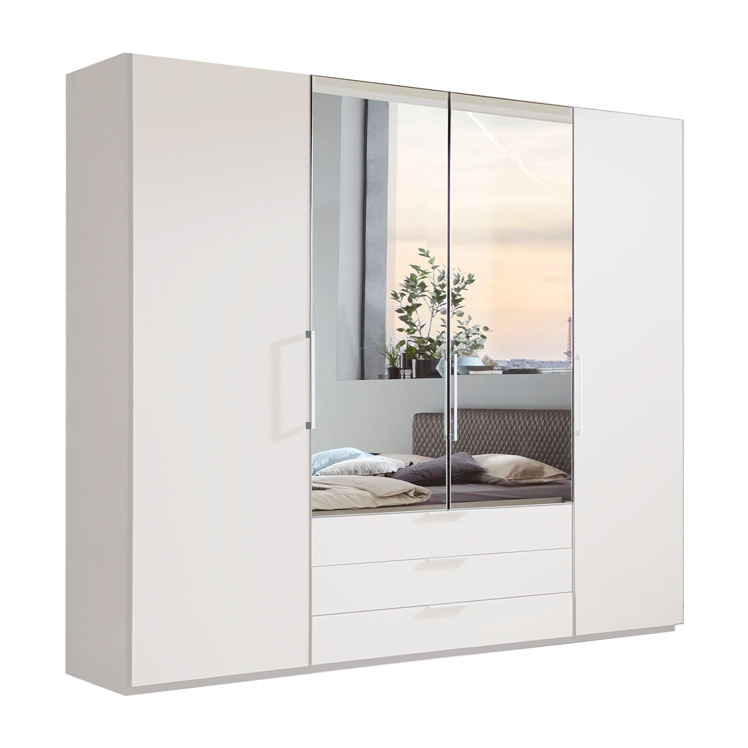 Halver White 4 Door Wardrobe with Drawers (W200cm) With Mirror