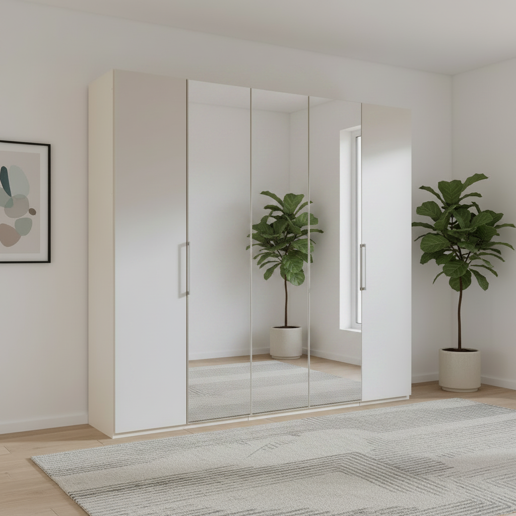 White wardrobe with wooden handles in a room with a plant and framed picture on the wall.
