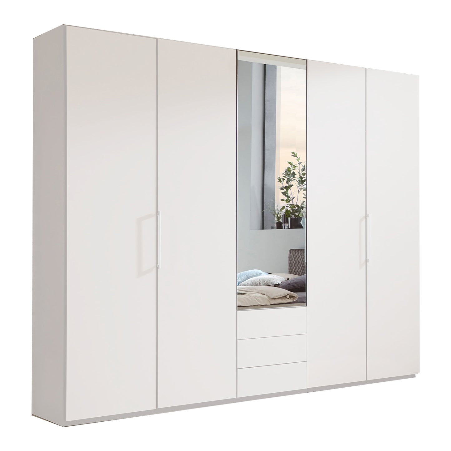 Halver White 5 Door Wardrobe with Drawers (W250cm) With Mirror 