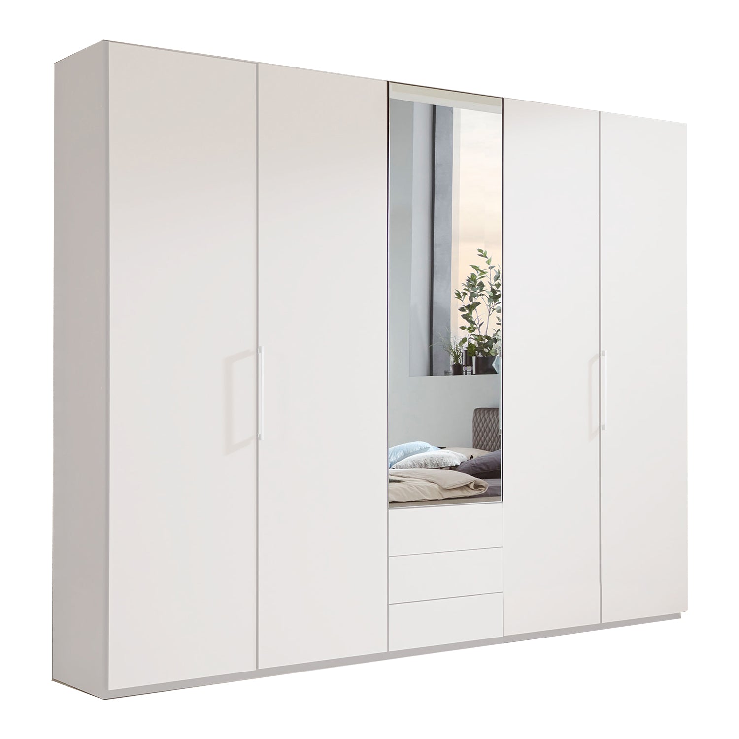 Halver White 5 Door Wardrobe with Drawers (W250cm) With Mirror 