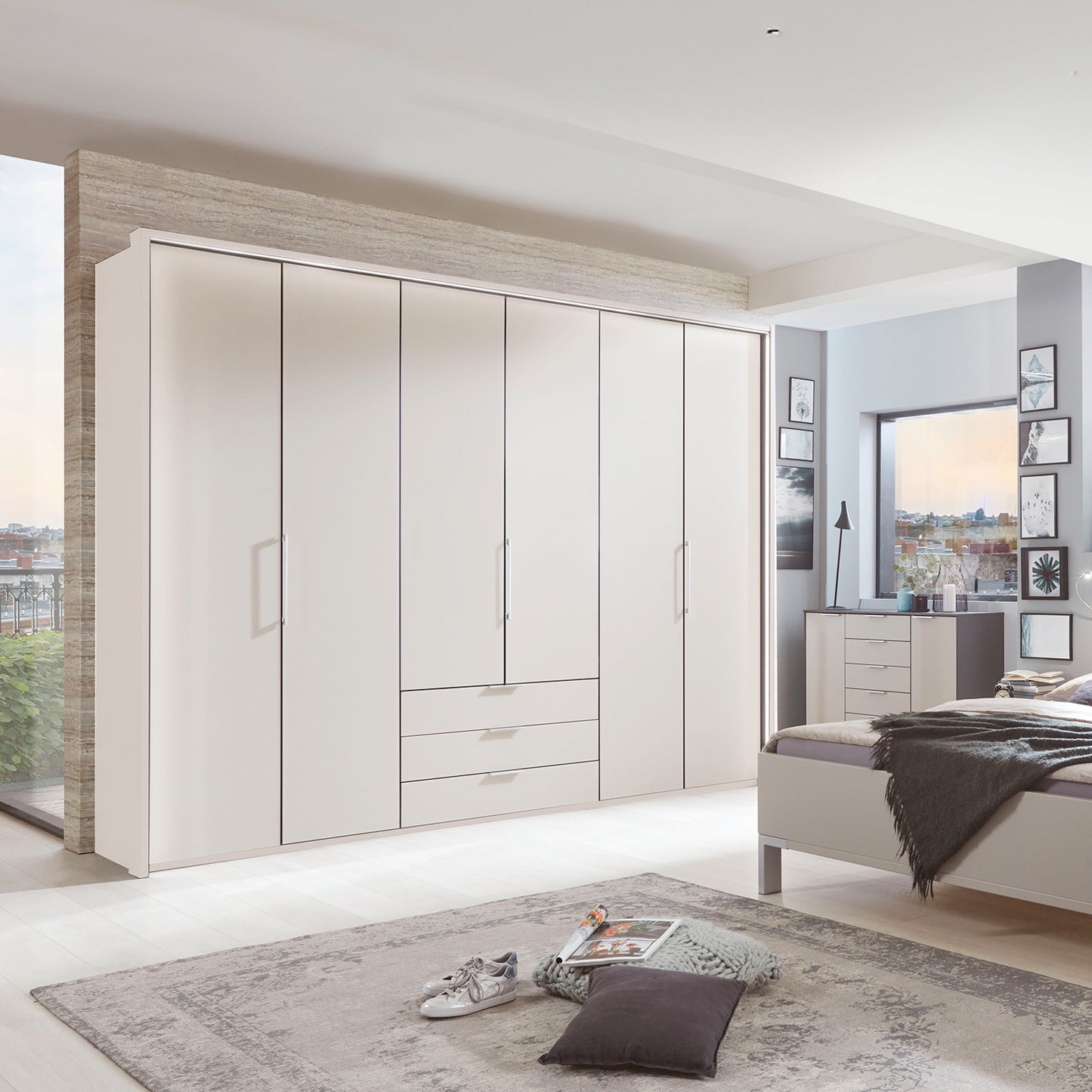 Glasgow White 6 Door Wardrobe with Drawers (W300cm) - Styled in Bedroom