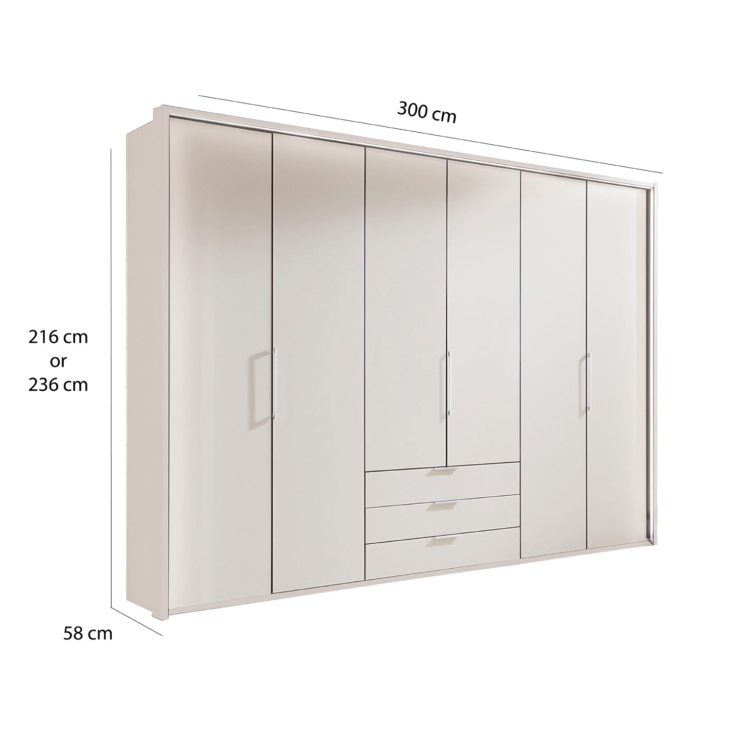 Glasgow White 6 Door Wardrobe with Drawers (W300cm) - Dimensions