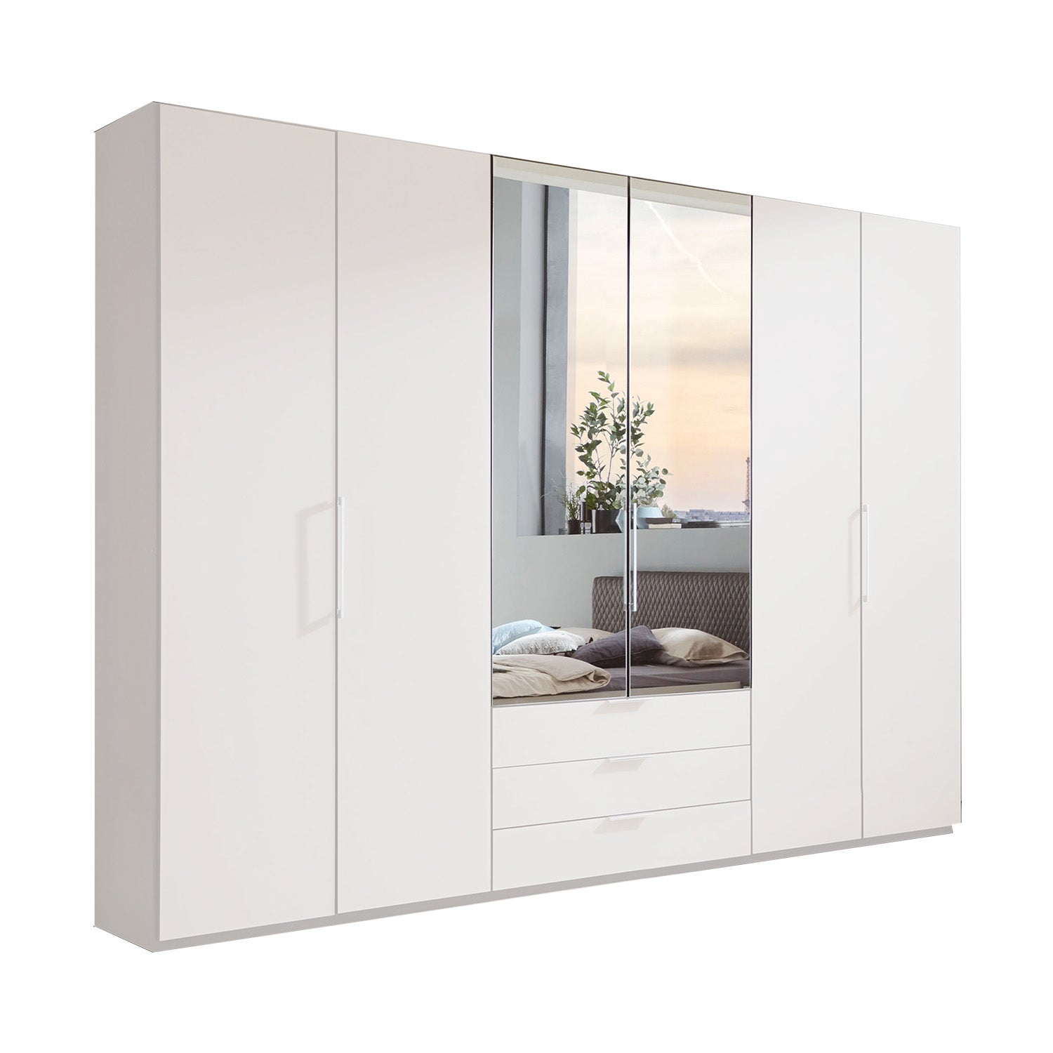 Glasgow White 6 Door Wardrobe with Drawers (W300cm) With Mirror