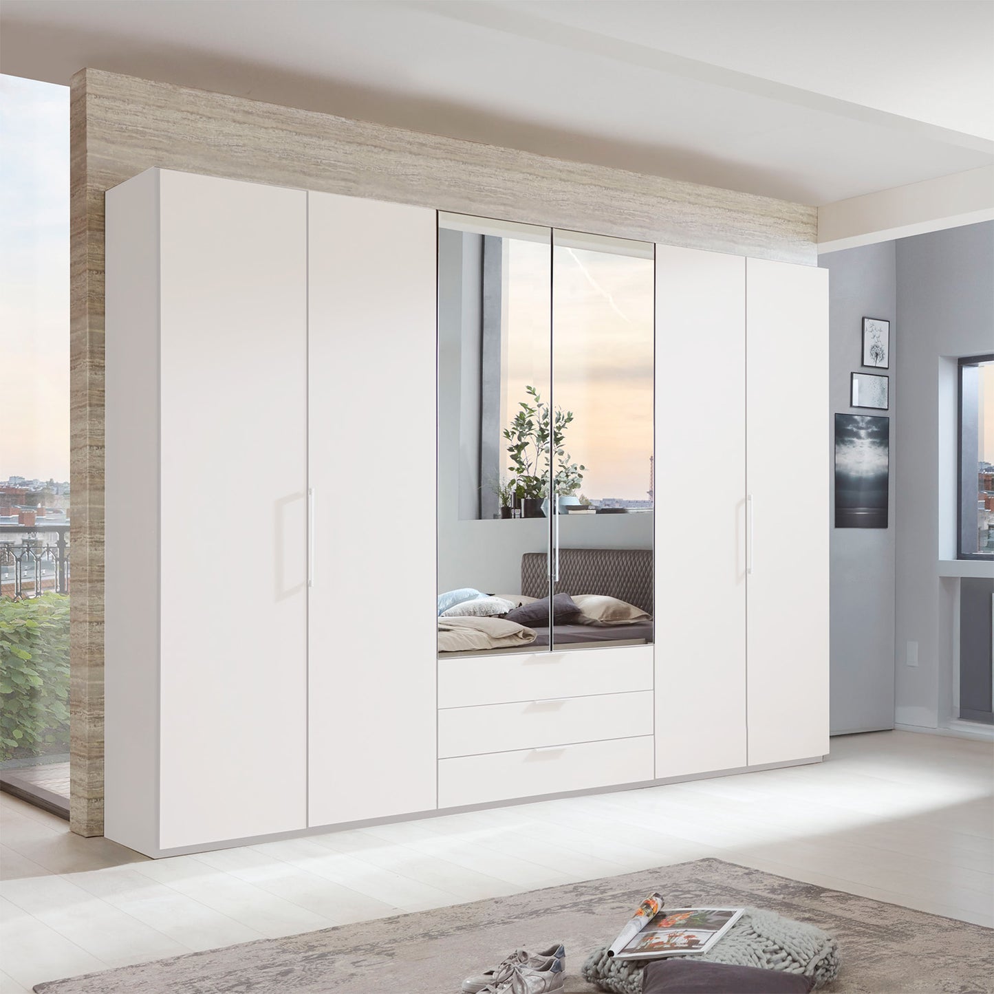 Glasgow White 6 Door Wardrobe with Drawers (W300cm) With Mirror Styled in Bedroom