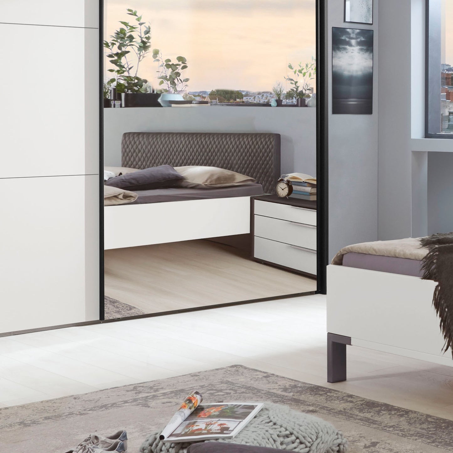 Close Up Of Halver Matte White Glass Wardrobe with Mirror