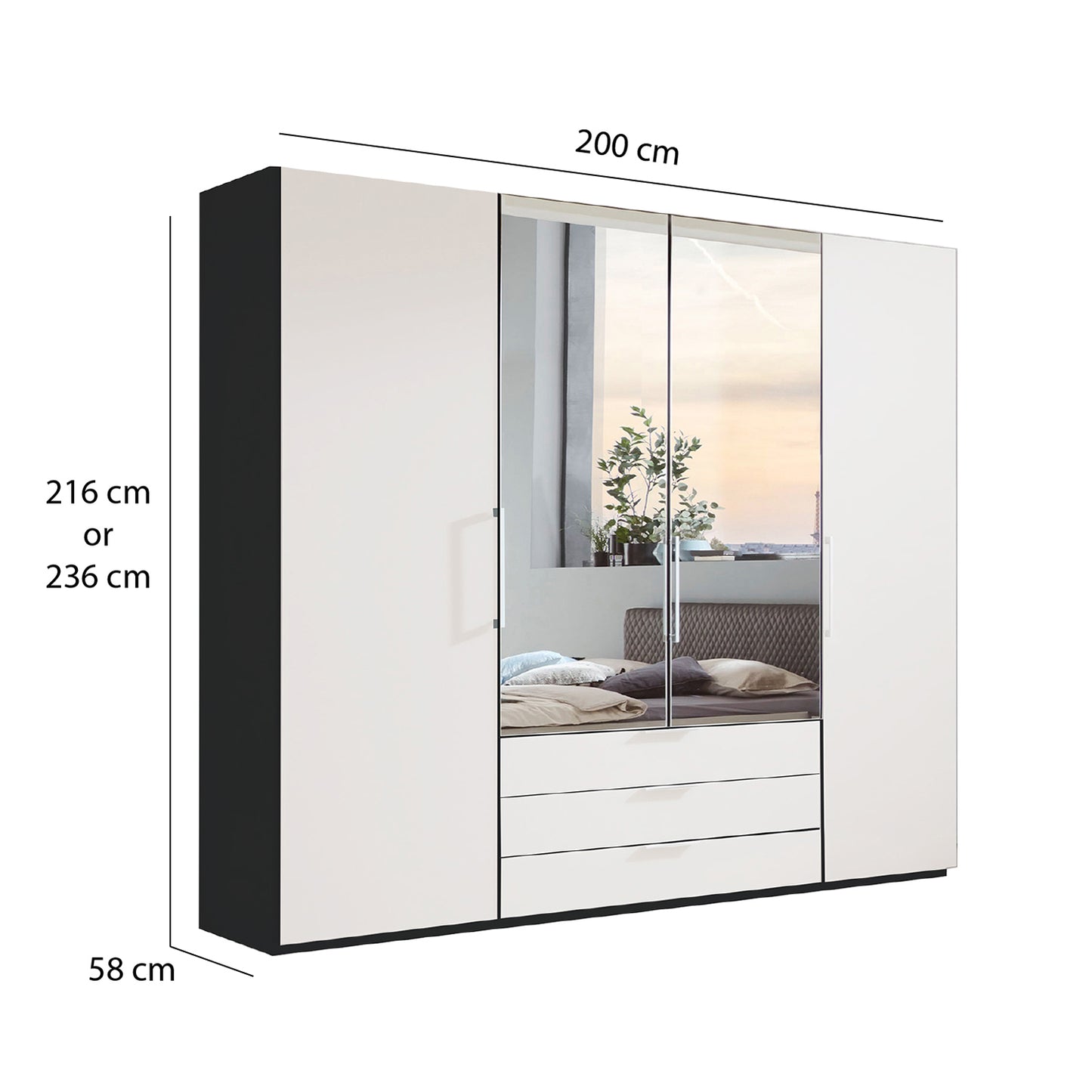Halver Graphite & White 4 Door Wardrobe with Drawers (W200cm) With Mirror - Dimensions