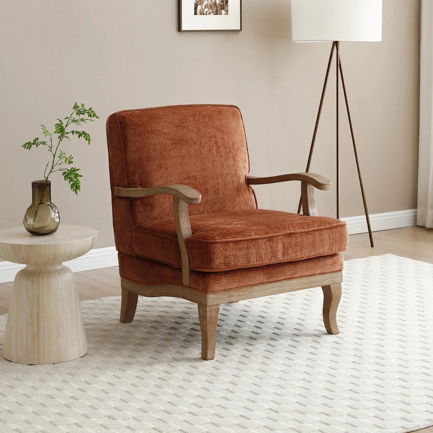 Hastings Traditional Wooden Armchair in Terracotta Distressed Chenille - Pendle Village Furniture