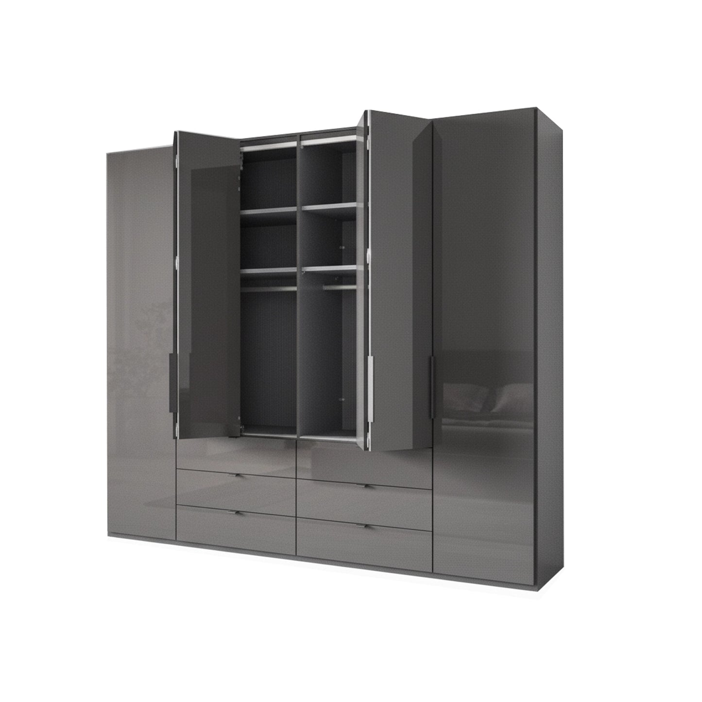 Amelia 300cm 6 Door Bifold Combi Wardrobe with Glass Doors and Drawers - Interior View