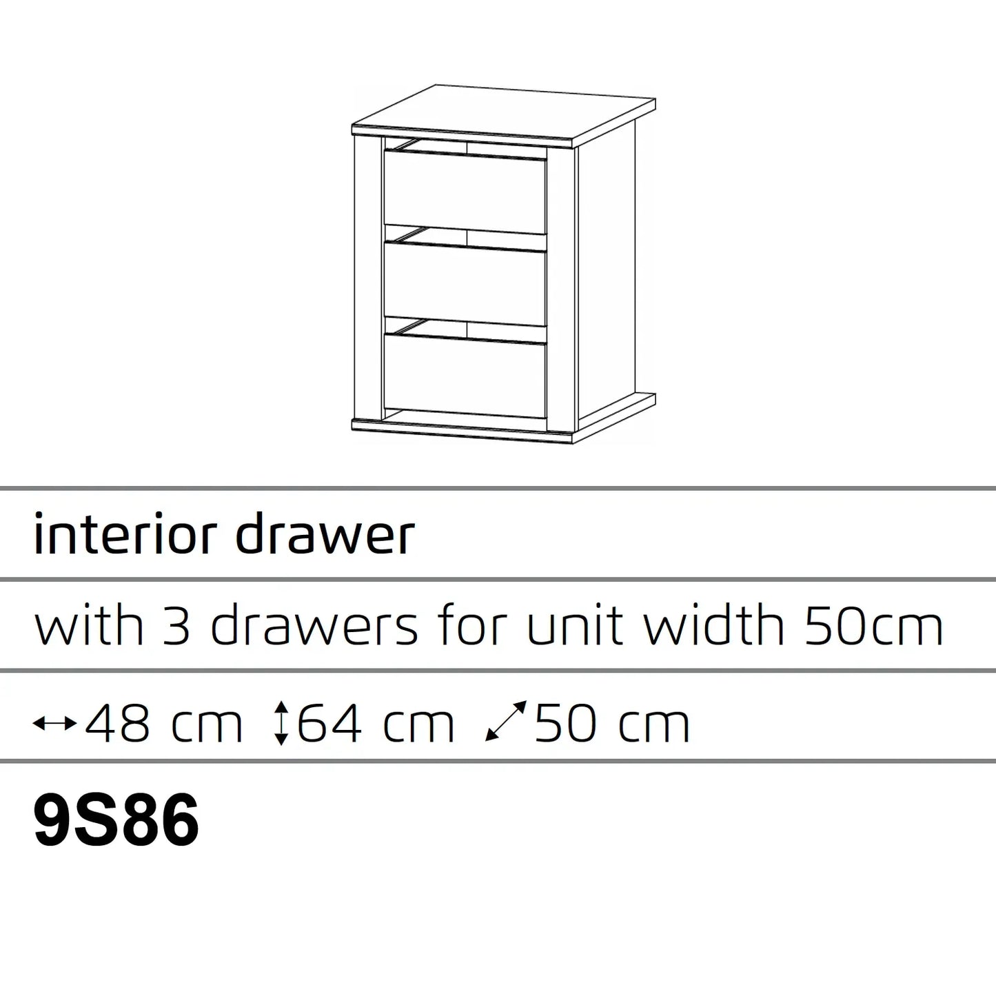 Interior 3 Drawer For Wardrobes - Orange Plus - Dimensions