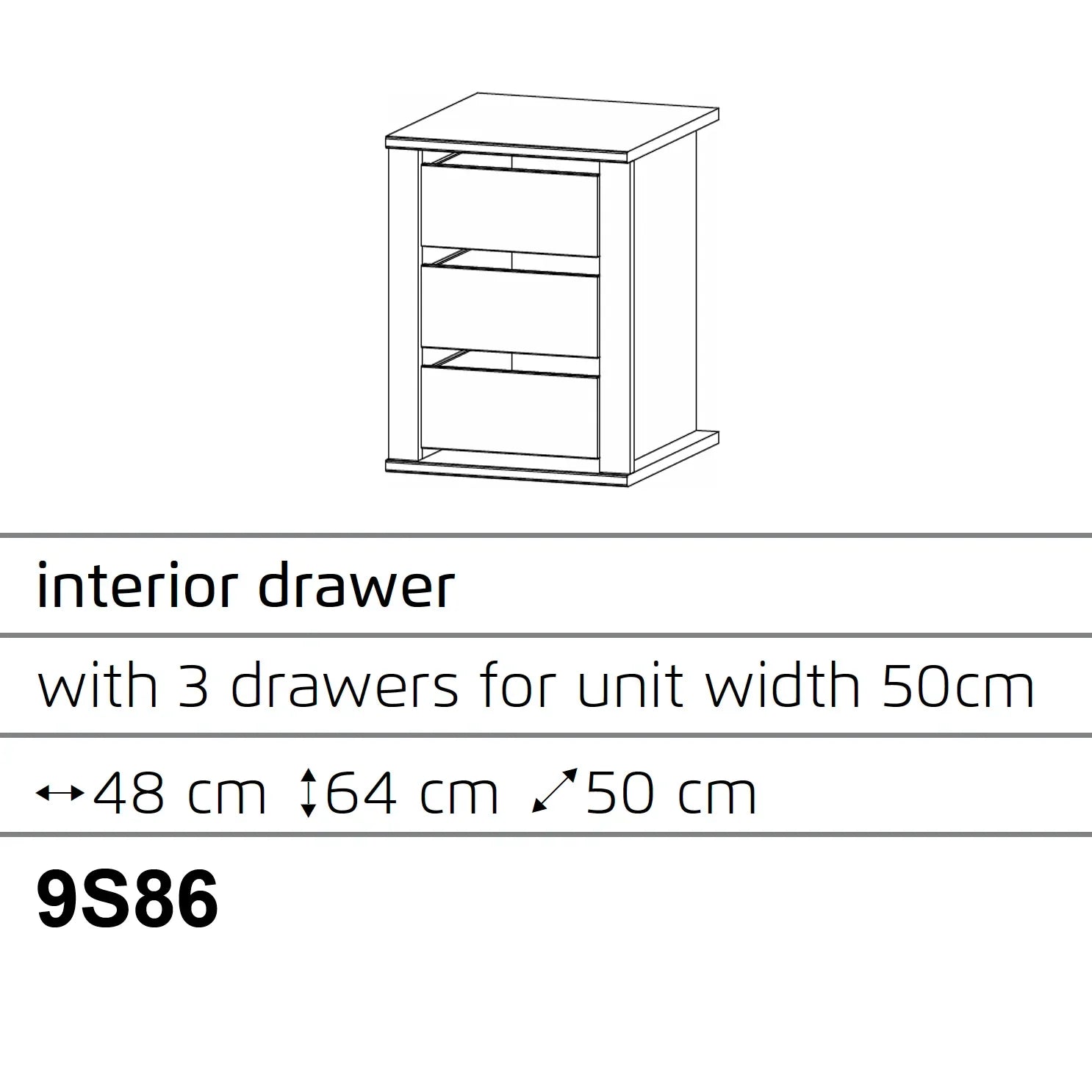 Interior 3 Drawer For Wardrobes - Orange Plus - Dimensions